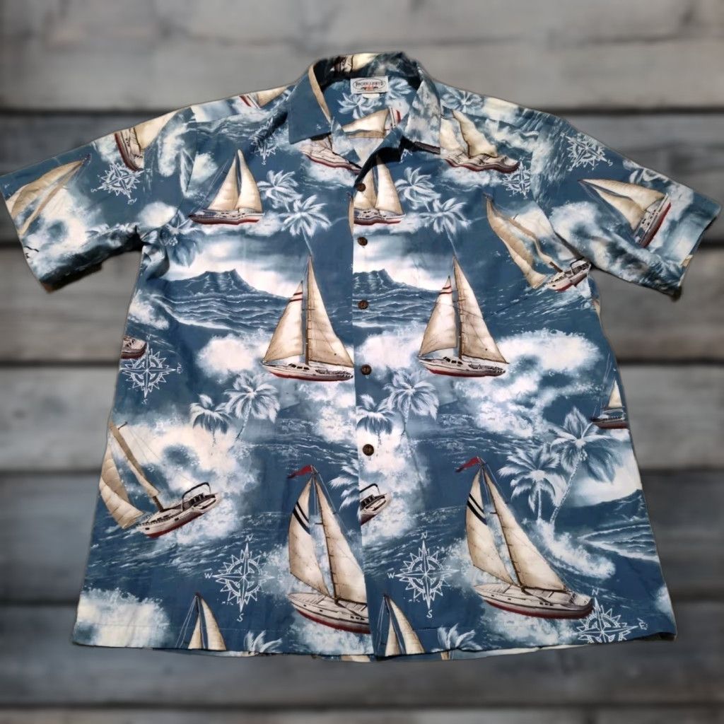 Vintage VINTAGE Pacific Legend Hawaiian Shirt Men L Short Sleeve Cotton Geometric Sailboats USA 90s Tropical Size US L / EU 52-54 / 3 - 1 Thumbnail
