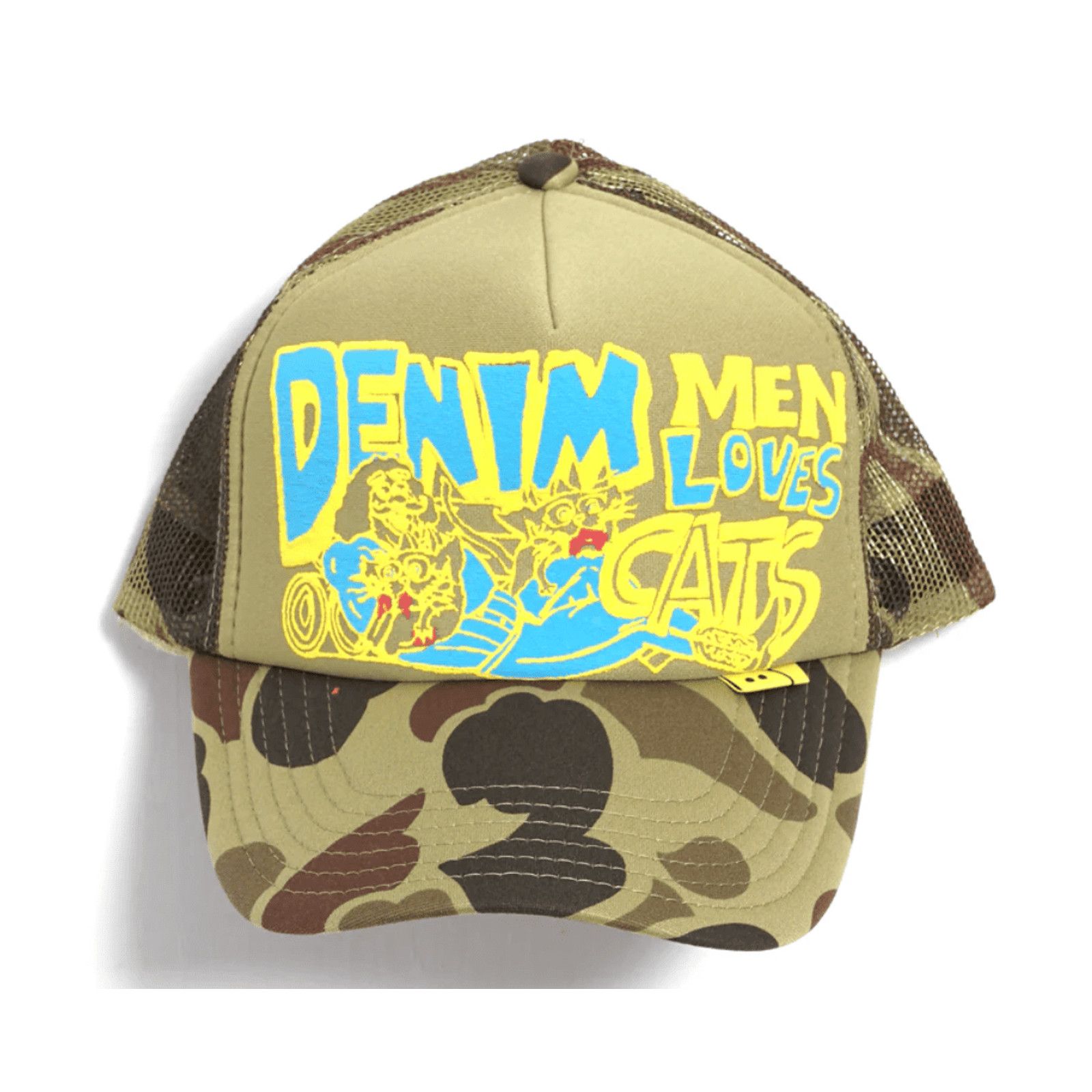 image of Kapital Denim Men Love Cats Camo Trucker Hat Yellow