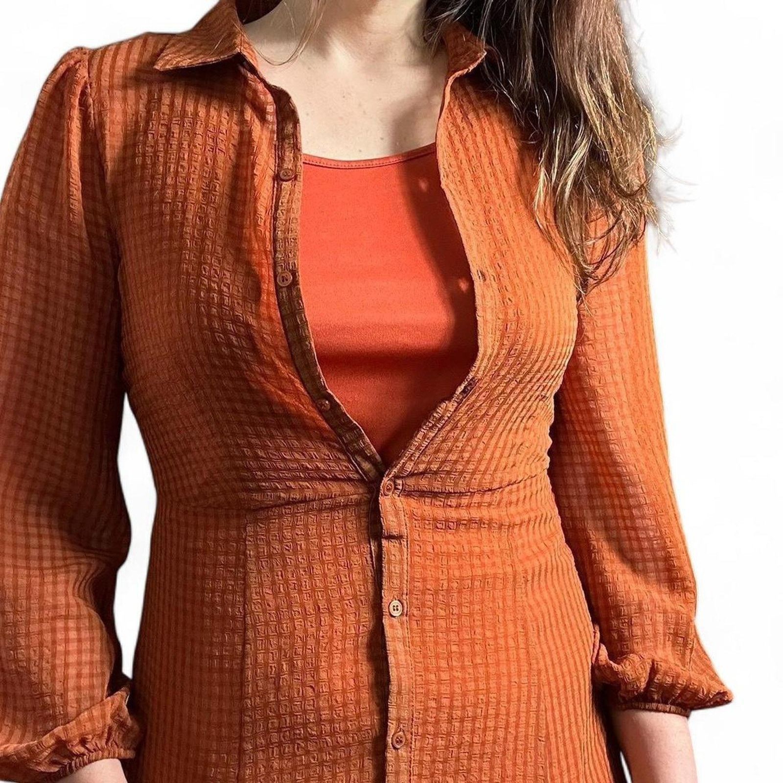 Vintage Plaid Orange Gingham Womens Small Sheer Midi Dress with Slip Size S / US 4 / IT 40 - 2 Thumbnail
