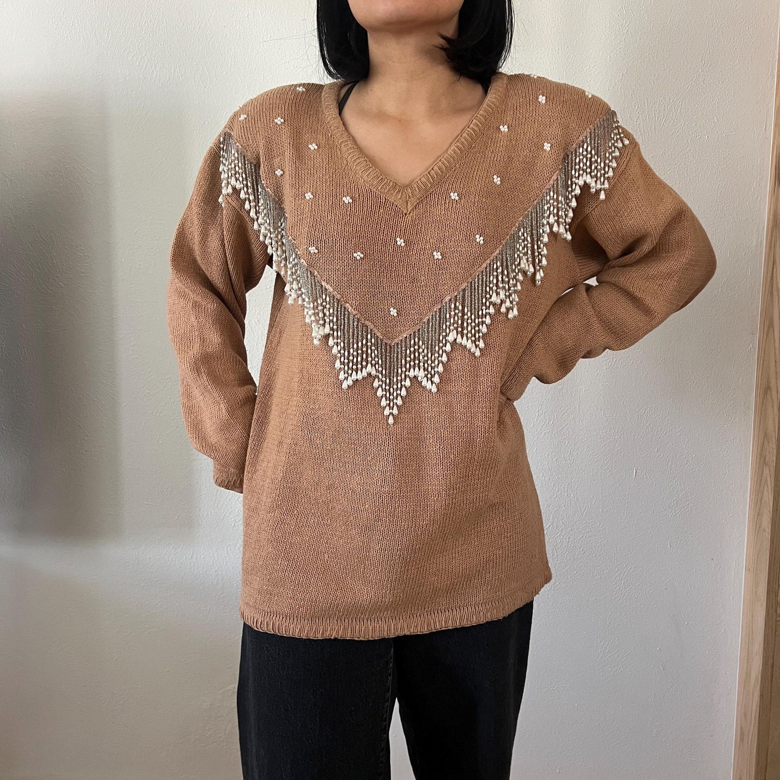 Vintage Vtg 80s beaded caramel knit pullover sweater cotton Medium Size M / US 6-8 / IT 42-44 - 3 Thumbnail
