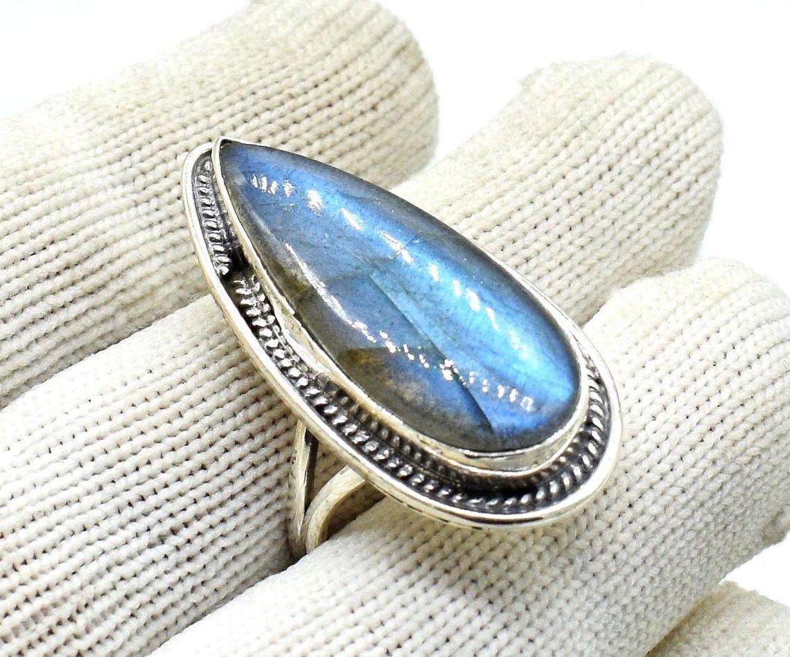 Handmade Pear Labradorite 925 Sterling Silver Boho Bridal Ring Size ONE SIZE - 4 Thumbnail