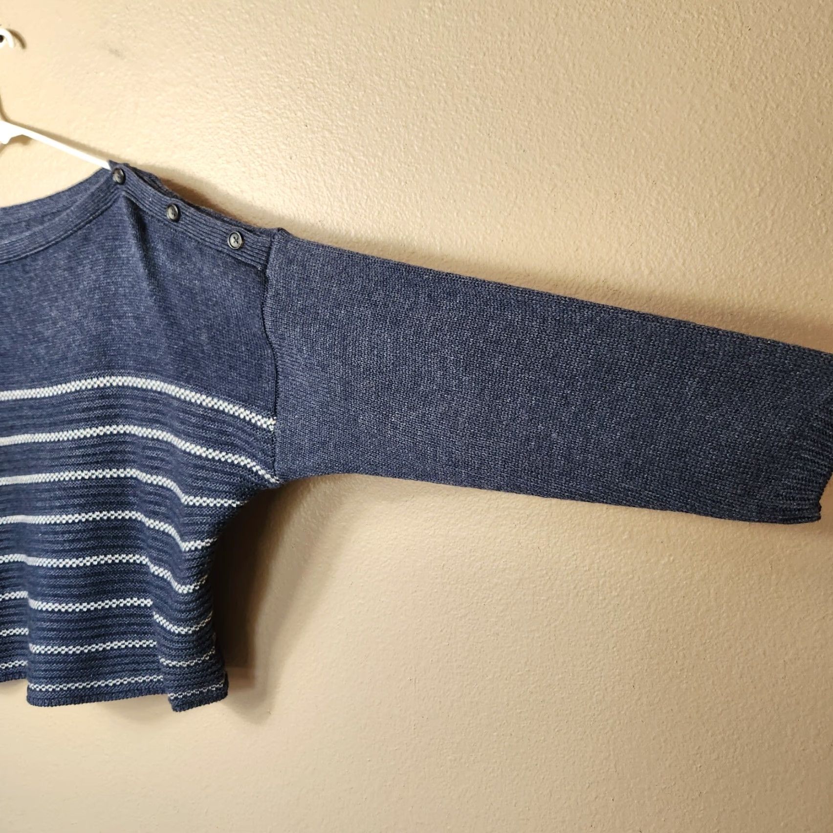 Prana VINTAGE PrAna Phono Wool Blend Sweater Blue w/Cream Birdseye Stripe Button Detail-Size L Size L / US 10 / IT 46 - 7 Thumbnail