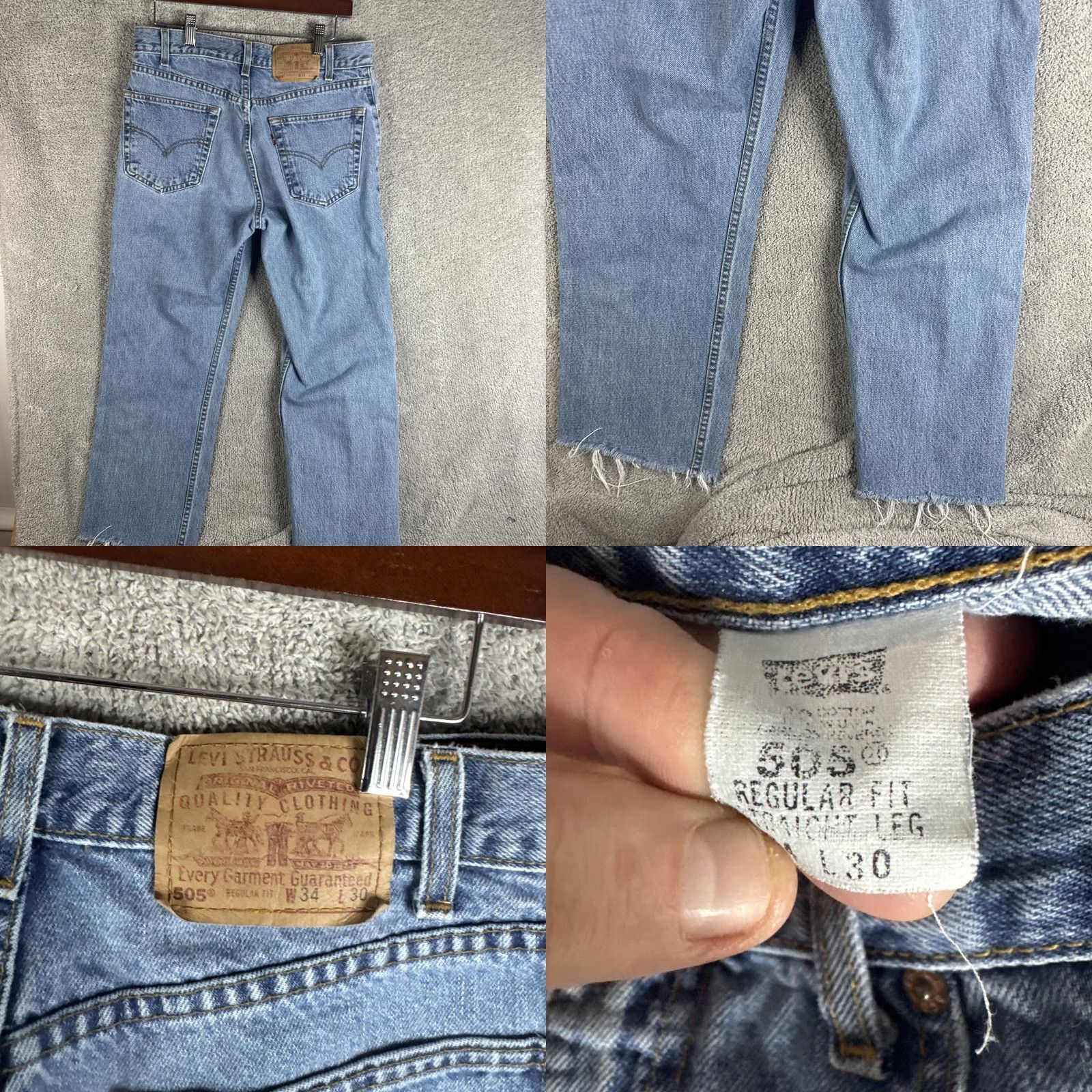Levi's Levi's 505 Jeans Mens 34x27 Light Wash Blue Straight Leg Denim Distressed Raw Hem Size US 34 / EU 50 - 8 Thumbnail