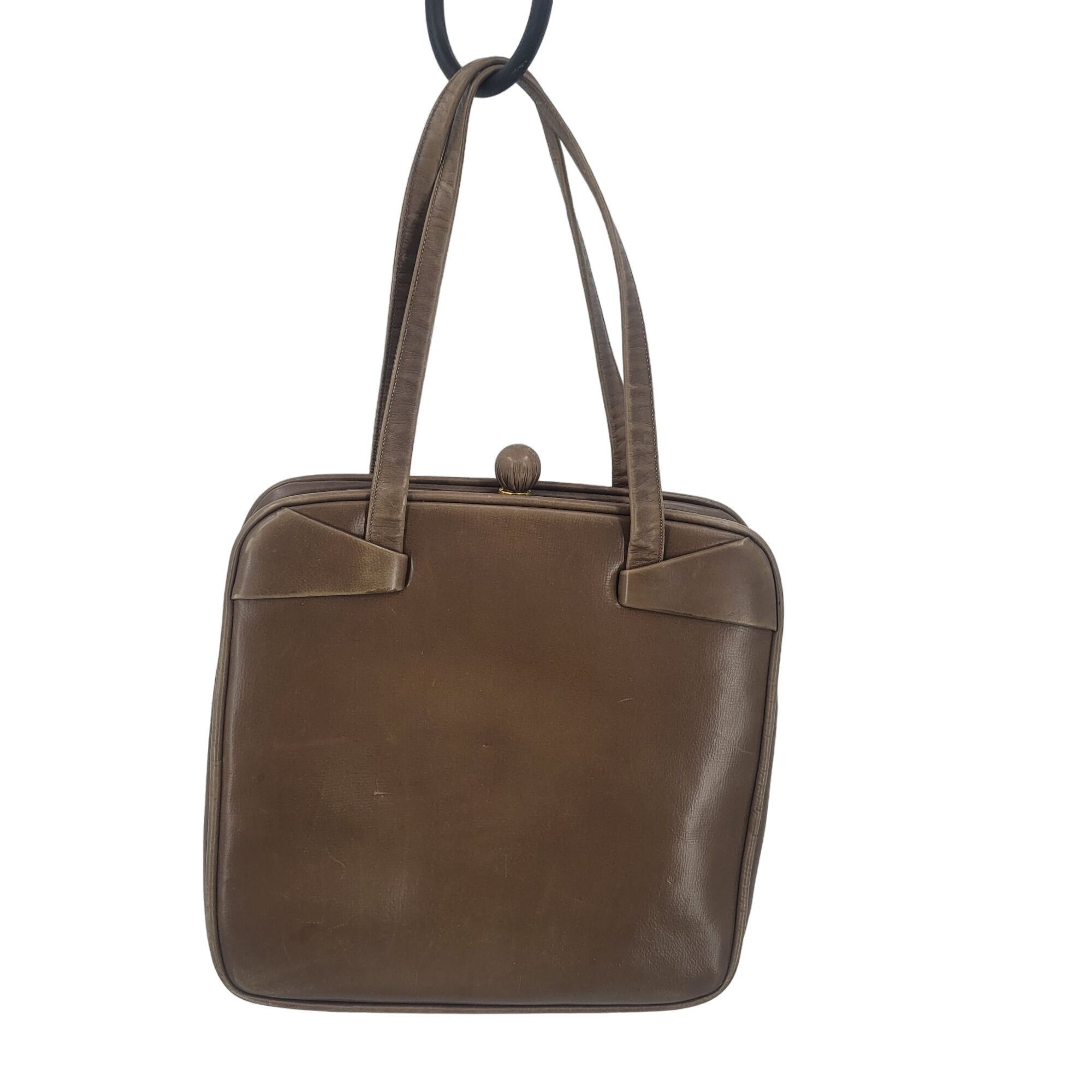 Vintage 60s 50s Brown Leather Handbag Framed Square Top Handle Size ONE SIZE - 1 Thumbnail