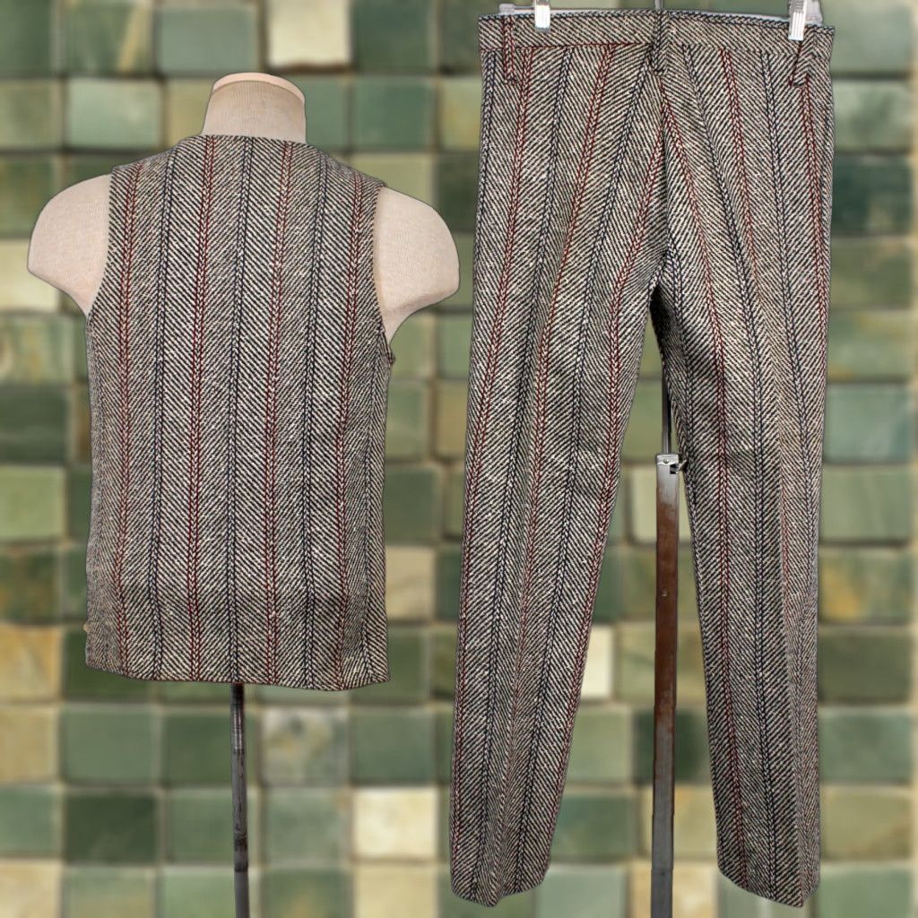 Vintage VTG 60s Boy's Vest Outfit Tweed Tunic Pants Set Black White Red Size 18 1960s Classic Vintage Boys Clothing Size 48R - 1 Thumbnail