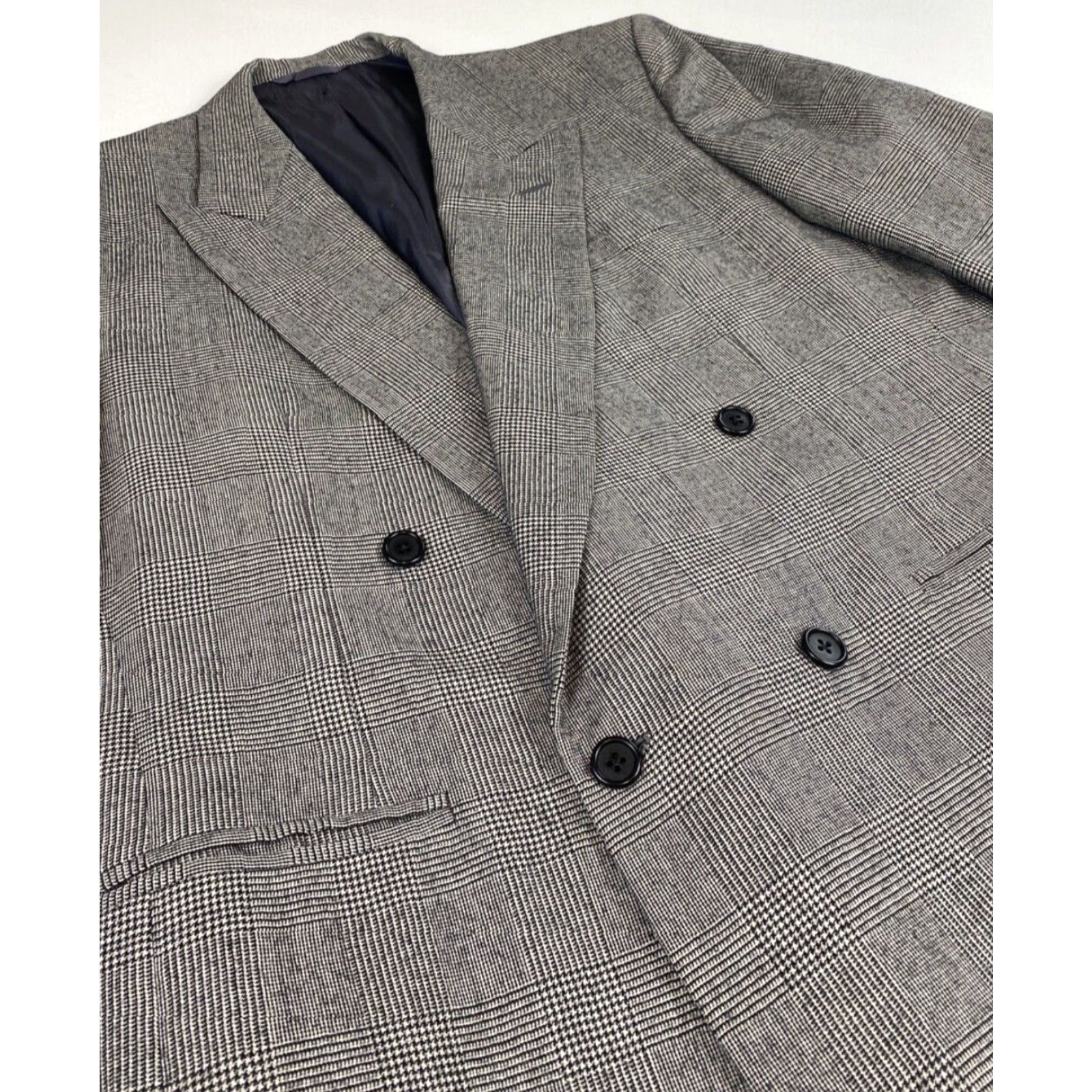 Neiman Marcus VINTAGE Neiman Marcus Men's Blazer Wool Double Breasted Plaid 40 Gray Jacket 90s Classic Designer Shoulder Pads Size 40R - 6 Thumbnail