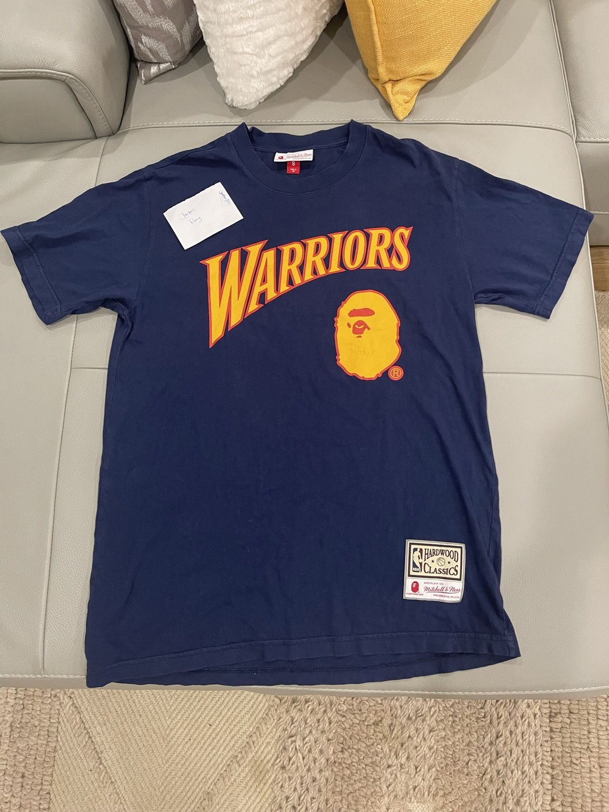 Image of Bape X Mitchell & Ness Golden State Warriors Tee in Navy, Men's (Size Small)