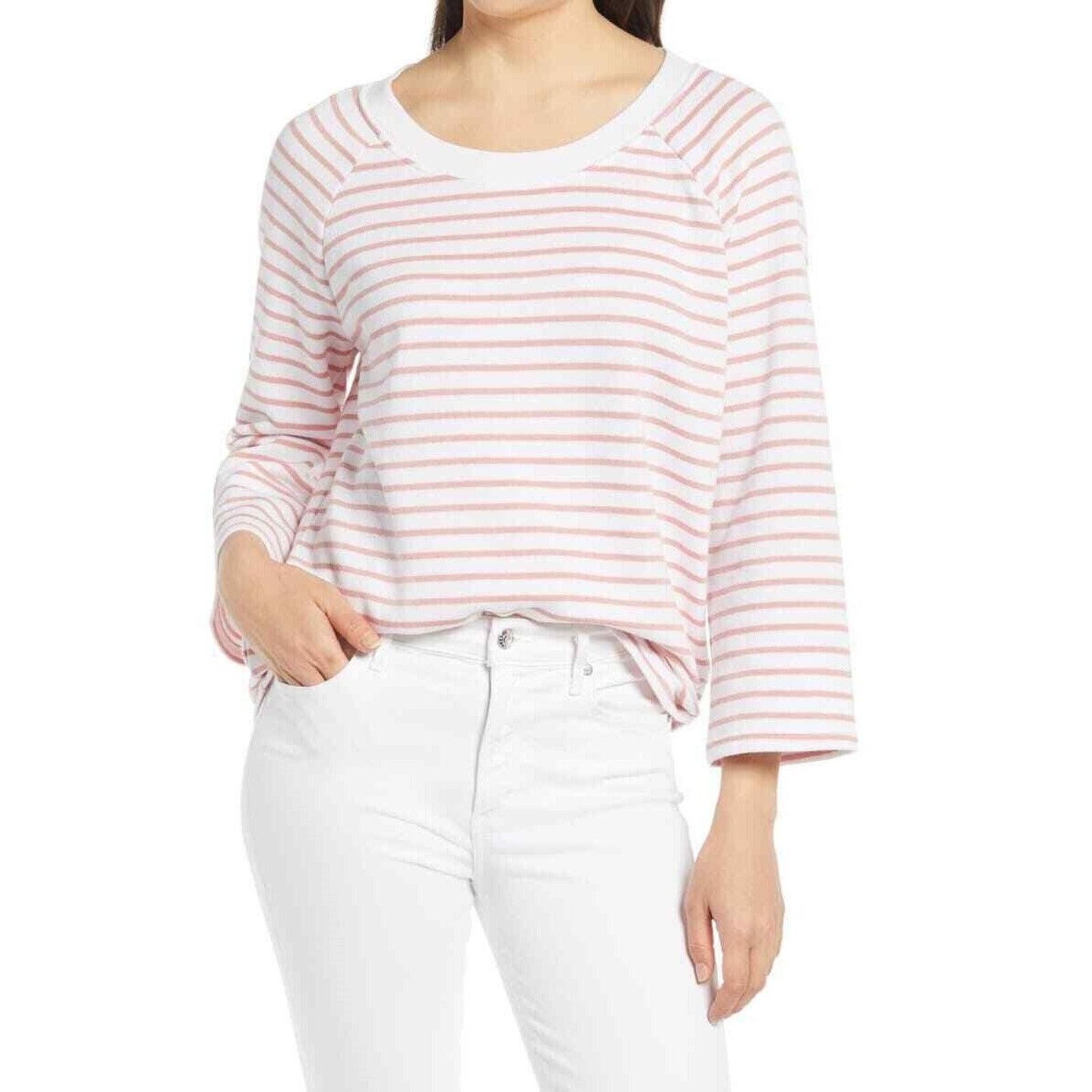 The Unbranded Brand Caslon Women White/Pink Striped Cotton Knit Sweatshirt L Size L / US 10 / IT 46 - 1 Thumbnail