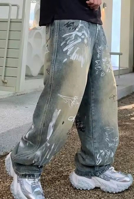 Jean Graffiti-Print Wide-Leg Denim Pants | Oversized Streetwear Size US 30 / EU 46 - 3 Thumbnail