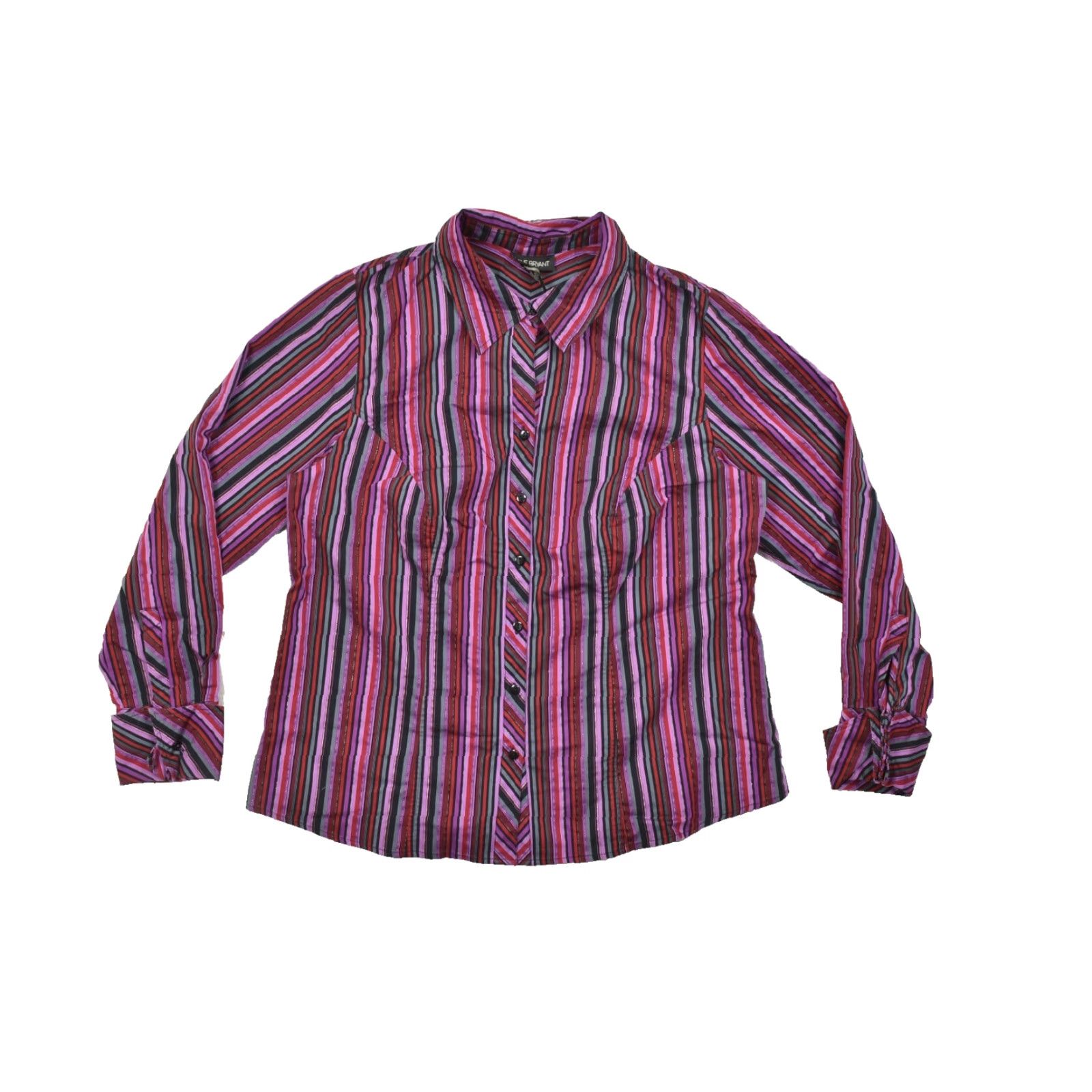 Vintage Lane Bryant Women 14/16 Purple Red Striped Button Down Long Sleeve Shirt Size XL / US 12-14 / IT 48-50 - 2 Thumbnail