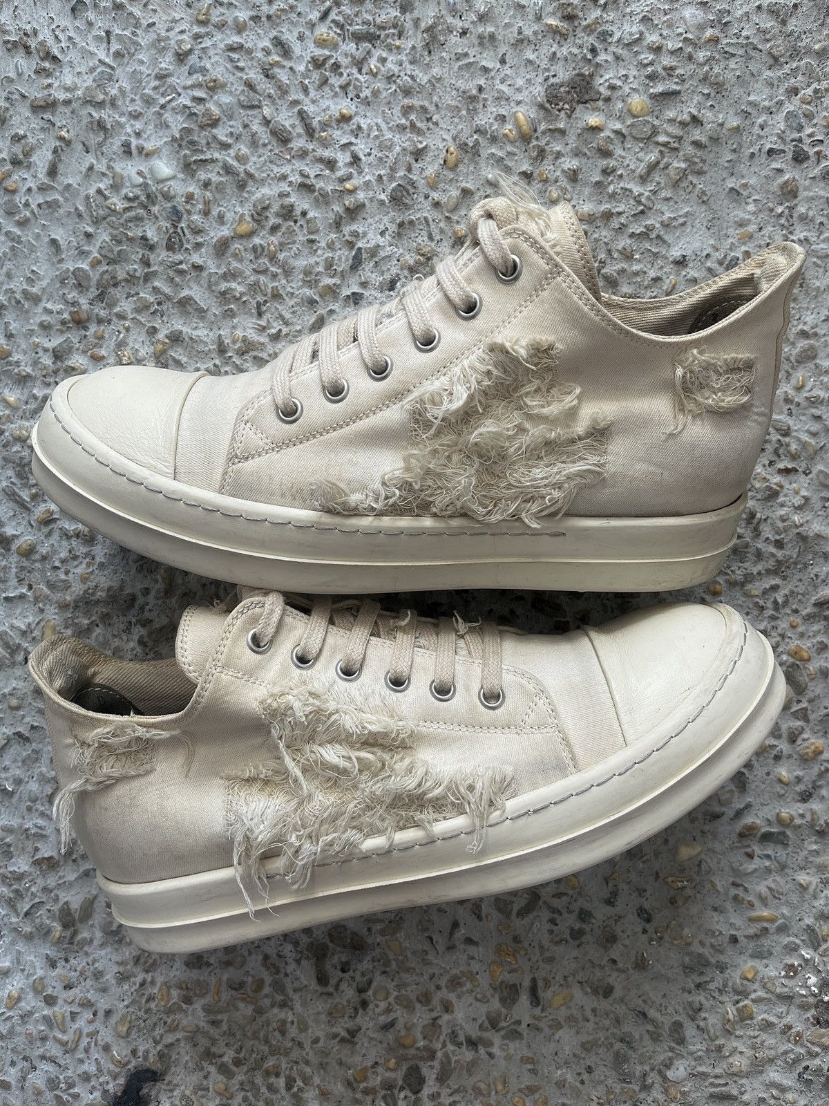 Rick Owens DRKSHDW Distressed Low-Top Denim Sneakers – Off-White Size US 6 / EU 39 - 3 Thumbnail