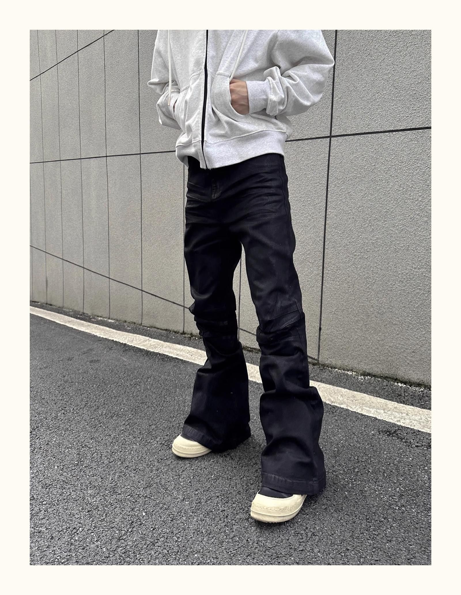 Black Stacked Flared Waxed Jeans