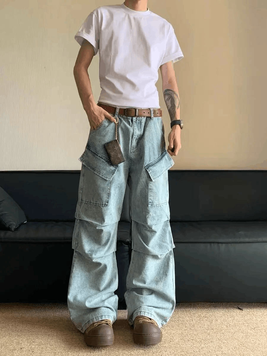 Street style side pocket pleated design washed baggy jeans