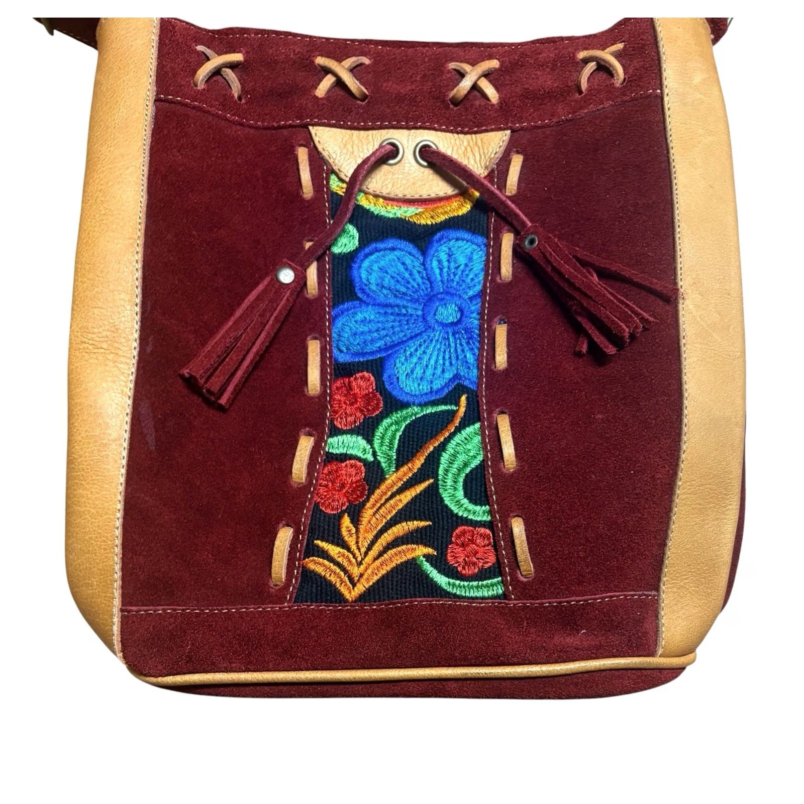 4SDESIGNS Terra Natural Designs Suede Leather Crossbody Purse Handbag Floral Bohemian Crossbody Bag Womens Small Natural Multicolor Strap 20in 10in 9in Wide Size ONE SIZE - 2 Thumbnail