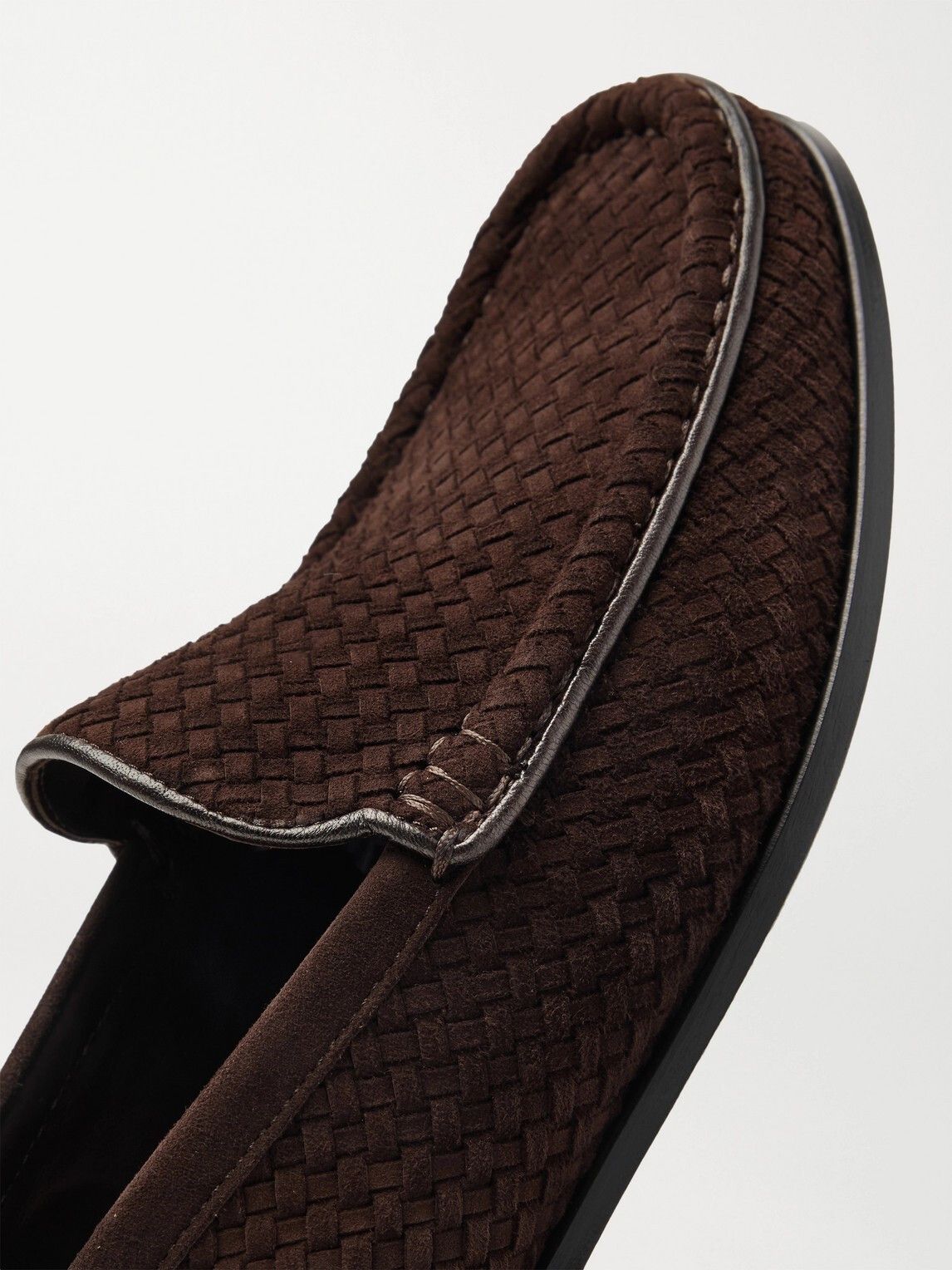 Collapsible-Heel Leather-Trimmed Woven Suede Loafers in Brown, Men's (Size 9.5) — image 6 of 6