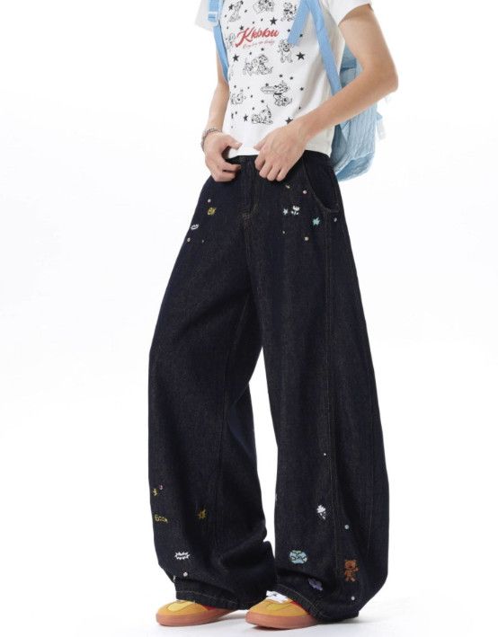 Japanese Brand Men's Retro Patchwork Denim Jeans with Cartoon Embroidery Size US 32 / EU 48 - 2 Thumbnail