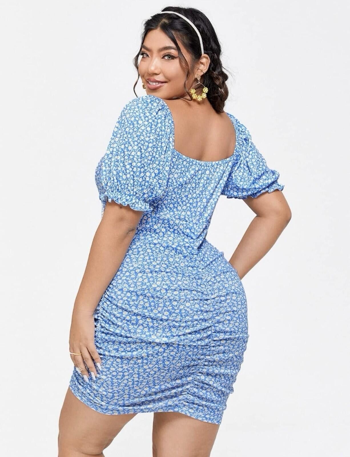 Other Ditsy Sweetheart Neck Puff Slve Tie Front Ruched Bodycon Drs Size XL / US 12-14 / IT 48-50 - 5 Thumbnail
