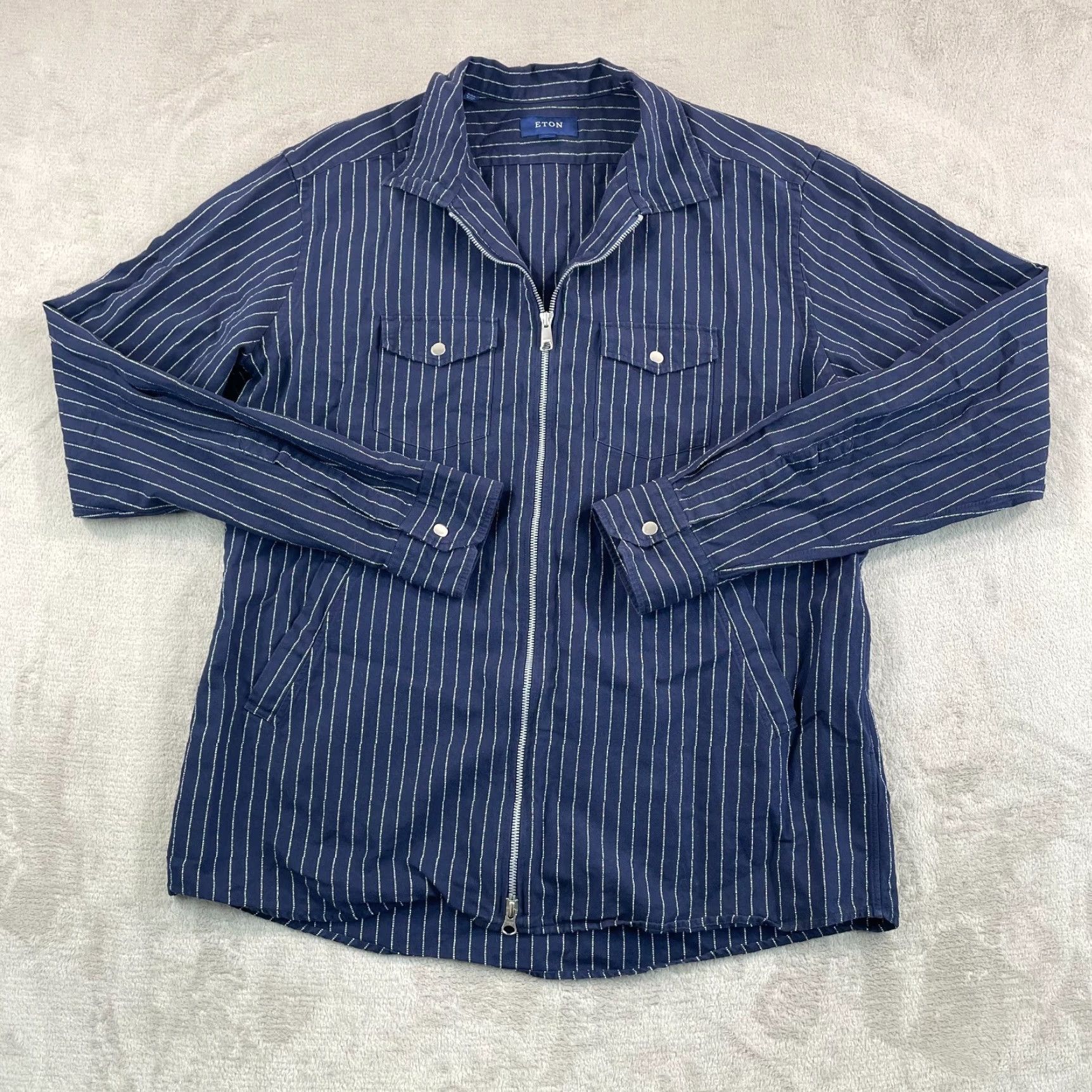 Eton VINTAGE ETON Overshirt Shirt Jacket Zip Up Men 2XL Blue Pinstripe Linen Blend Designer Size US XXL / EU 58 / 5 - 4 Thumbnail