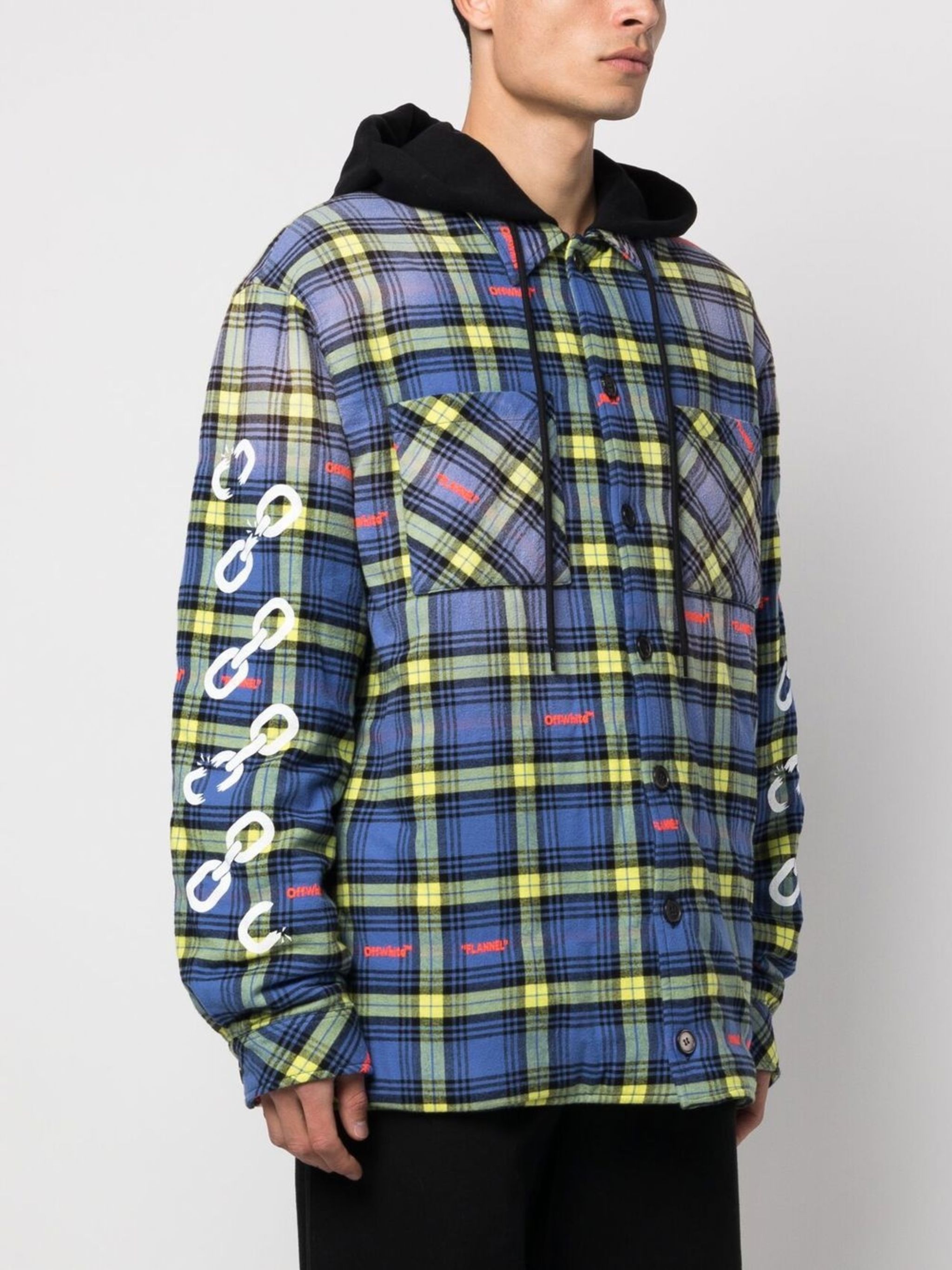 Off-White o1gr1nt1124 Chain Arrow Flannel Hoodie Oversized Dusty Blue Size US XL / EU 56 / 4 - 3 Thumbnail