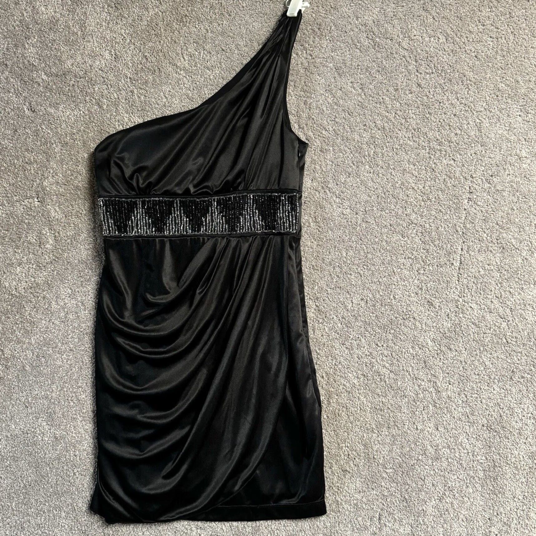 Vintage Y2K Dress Beaded One Shoulder Draped Bodycon Mini Party Prom Lined Satin Size XXL / US 16-18 / IT 52-54 - 2 Thumbnail