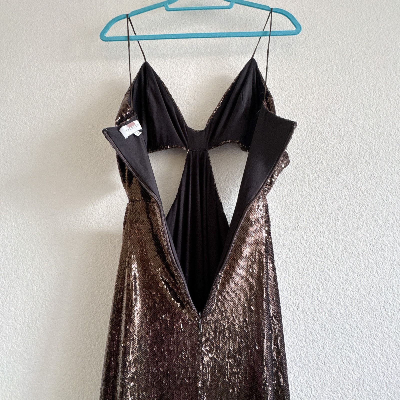 HALSTON Chloe Gown Maxi Dress Sequins Espresso Brown Sz 12