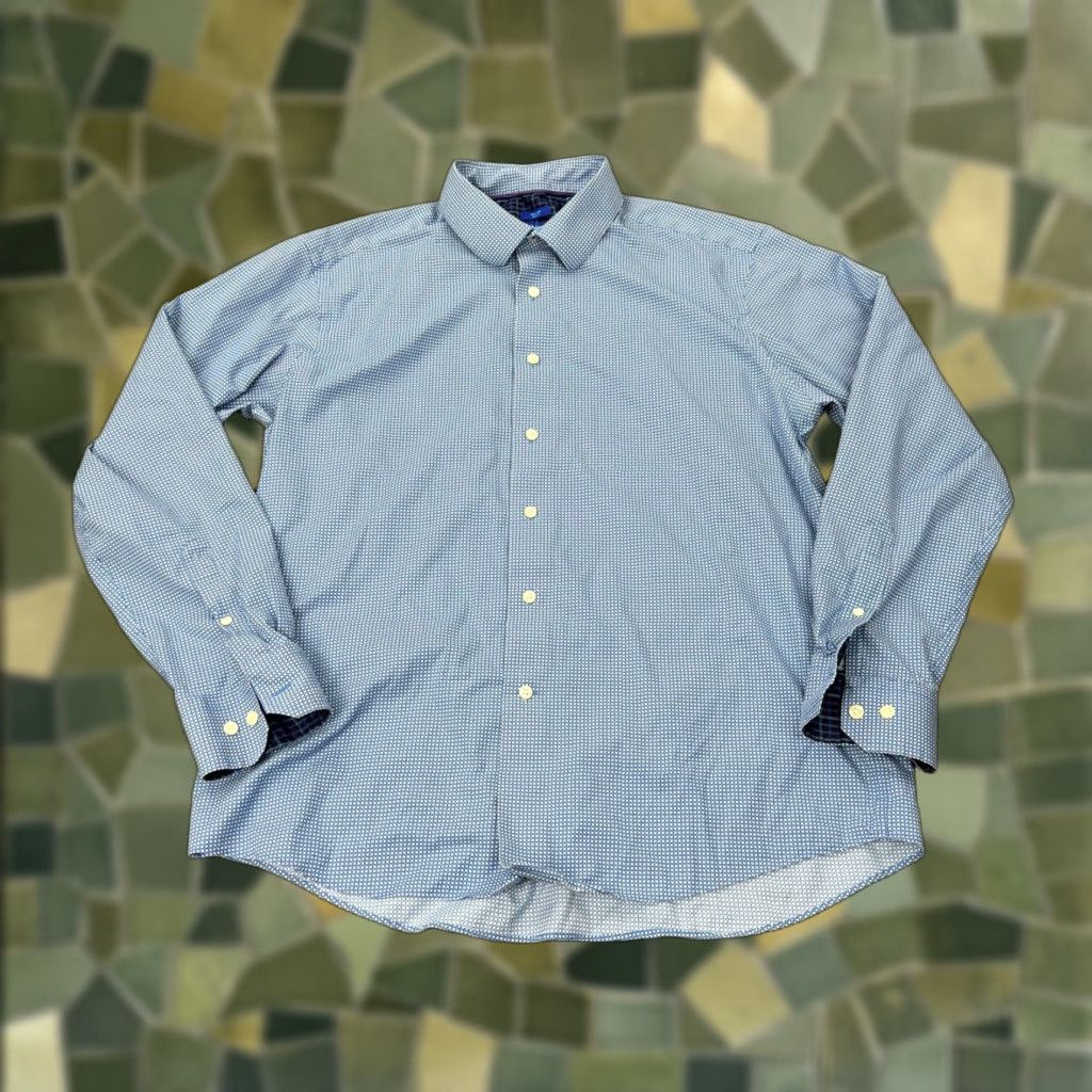 Egara VINTAGE? No. Egara Shirt Mens XL Blue Geometric Non-Iron Slim Fit Stretch Dress Flip-Cuff Size 46R - 1 Thumbnail