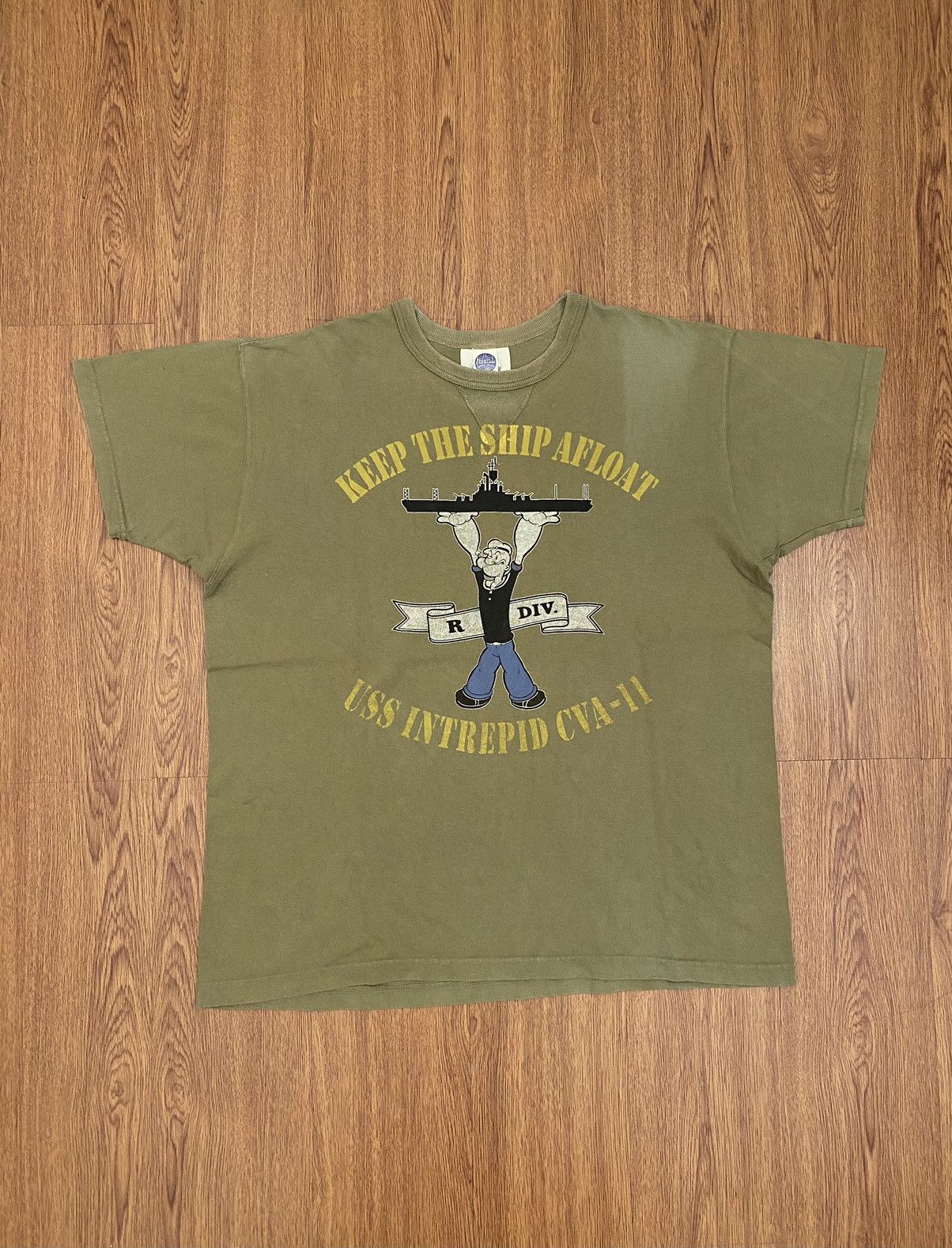 image of Buzz Ricksons x The Real Mccoys Mchill Toys Mccoy Popeye Military T-Shirt in Olive Green (Size XL)