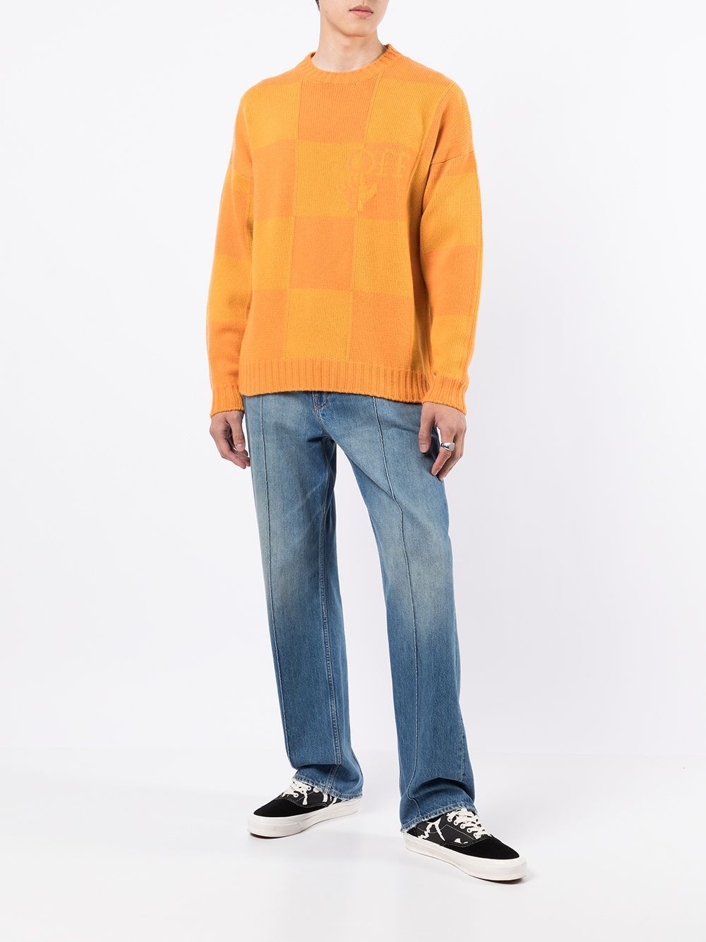 Off-White Orange and Yellow Checkerboard Logo Intarsia Sweater Size US XL / EU 56 / 4 - 5 Thumbnail
