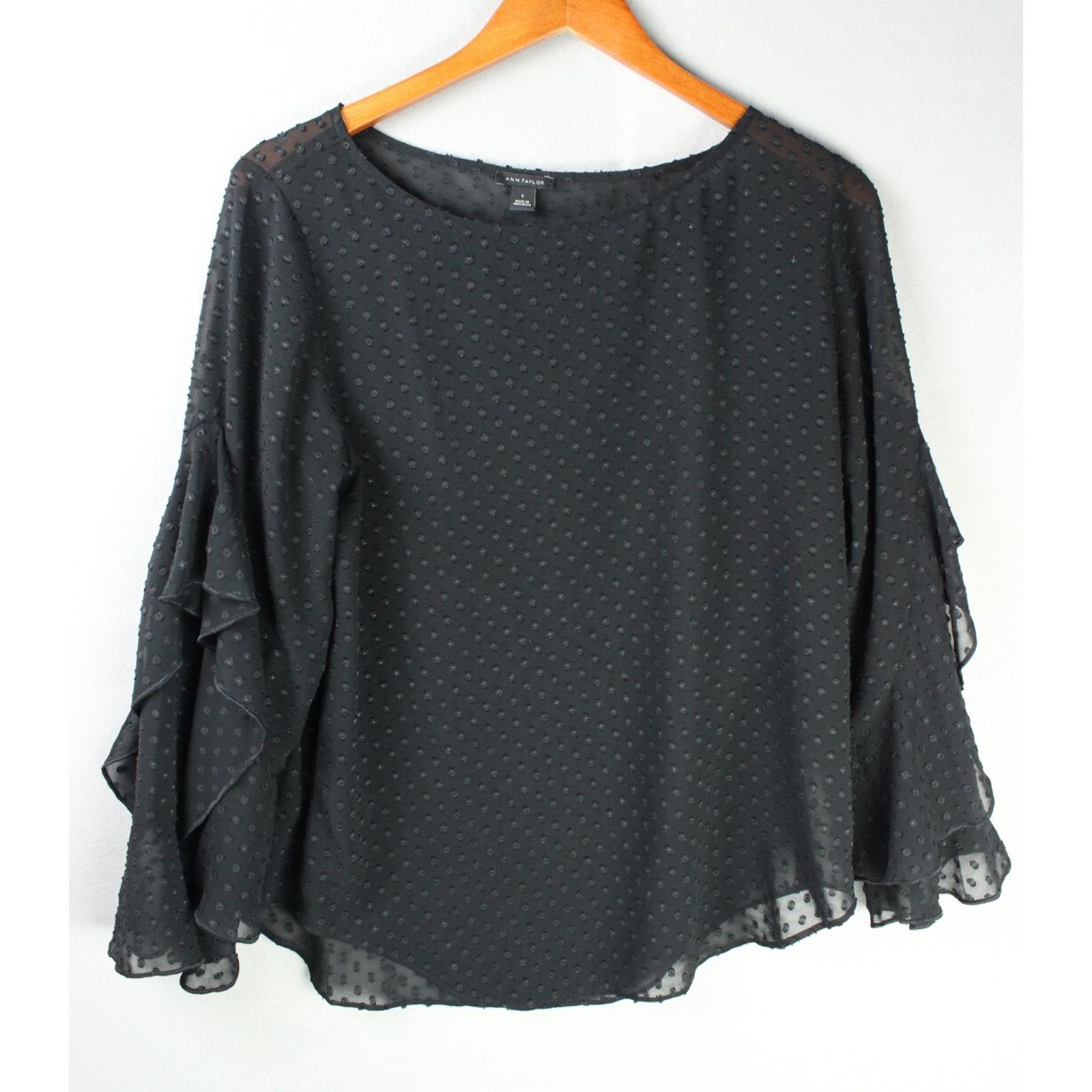 Ann Taylor Ann Taylor Black Sheer - Ruffle Long Sleeve Blouse - Small Size S / US 4 / IT 40 - 1 Thumbnail