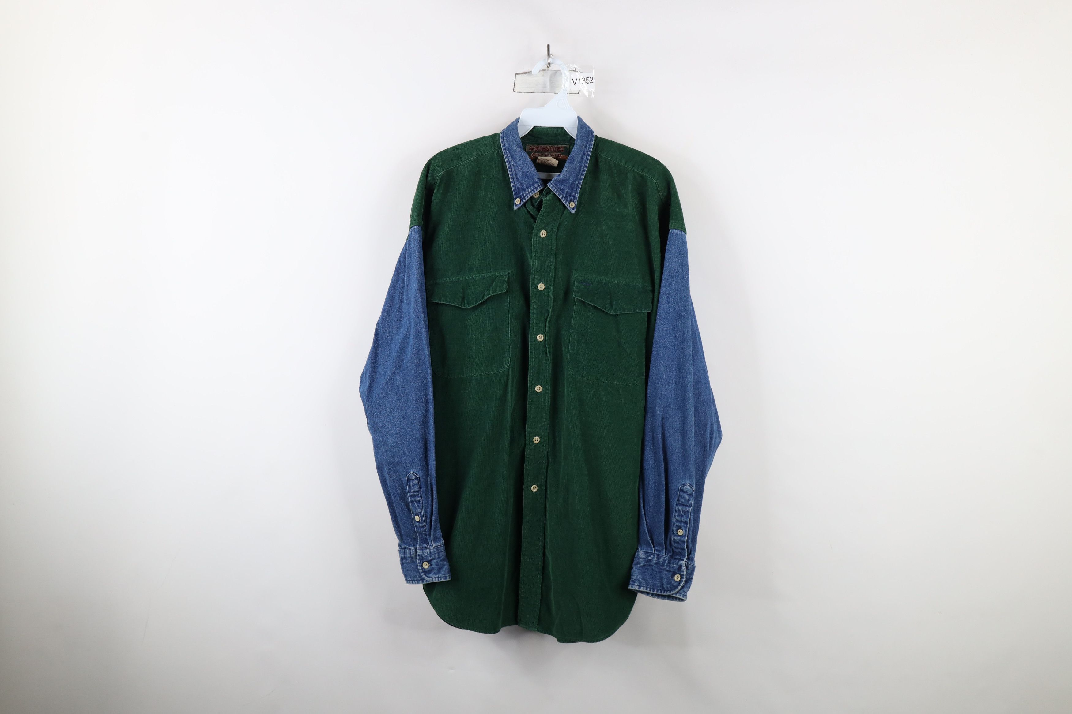 Vintage Vintage 90s Streetwear Block Denim Corduroy Button Shirt Size US L / EU 52-54 / 3 - 1 Thumbnail