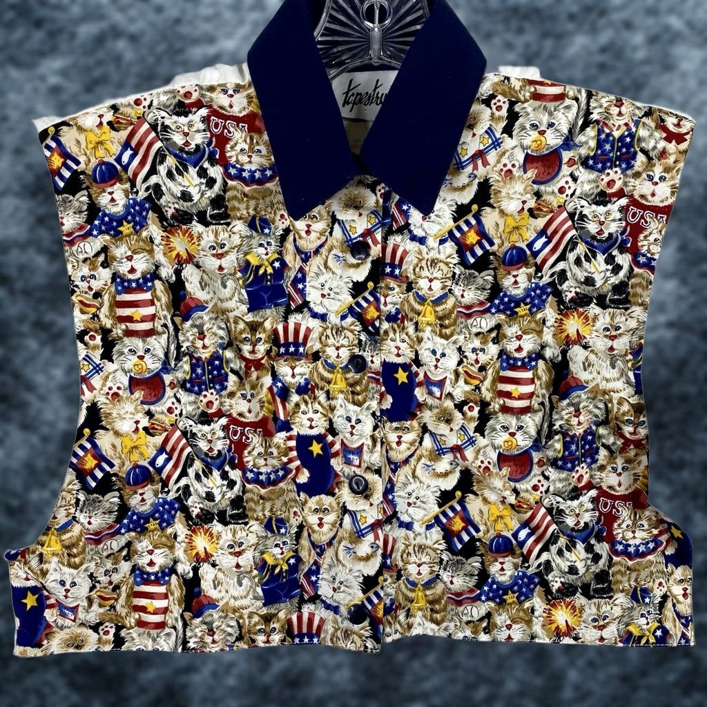 Vintage VINTAGE Starfire Cotton Blend Shirt Womens S Button Up Cats USA Flags Short Sleeve Shoulder Pads Size S / US 4 / IT 40 - 1 Thumbnail