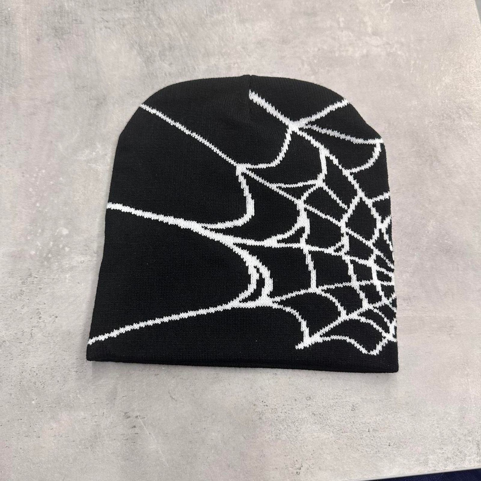 Vintage White and Black Spider Web Acrylic Graphic Beanie Hat Size ONE SIZE - 3 Thumbnail