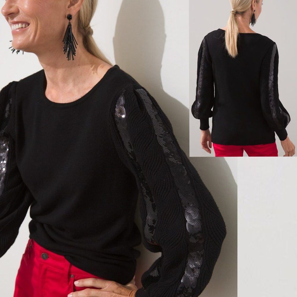 Chicos Chico's Black Textured Pullover With Sequin Sleeves Size 2 Size L / US 10 / IT 46 - 2 Thumbnail