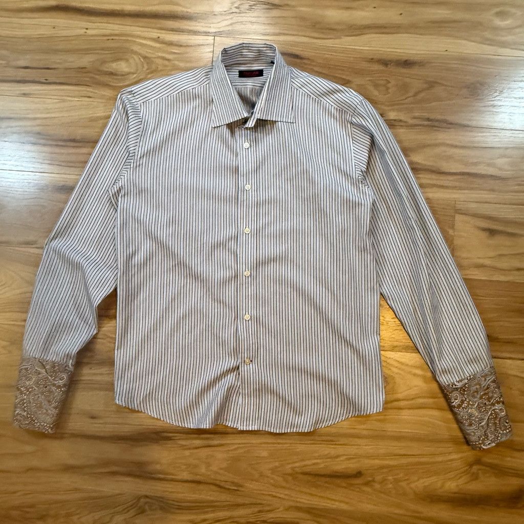 WISDOM Takumi Japan Stripe Shirt L Paisley Contrast Cuffs Size 38L - 1 Thumbnail