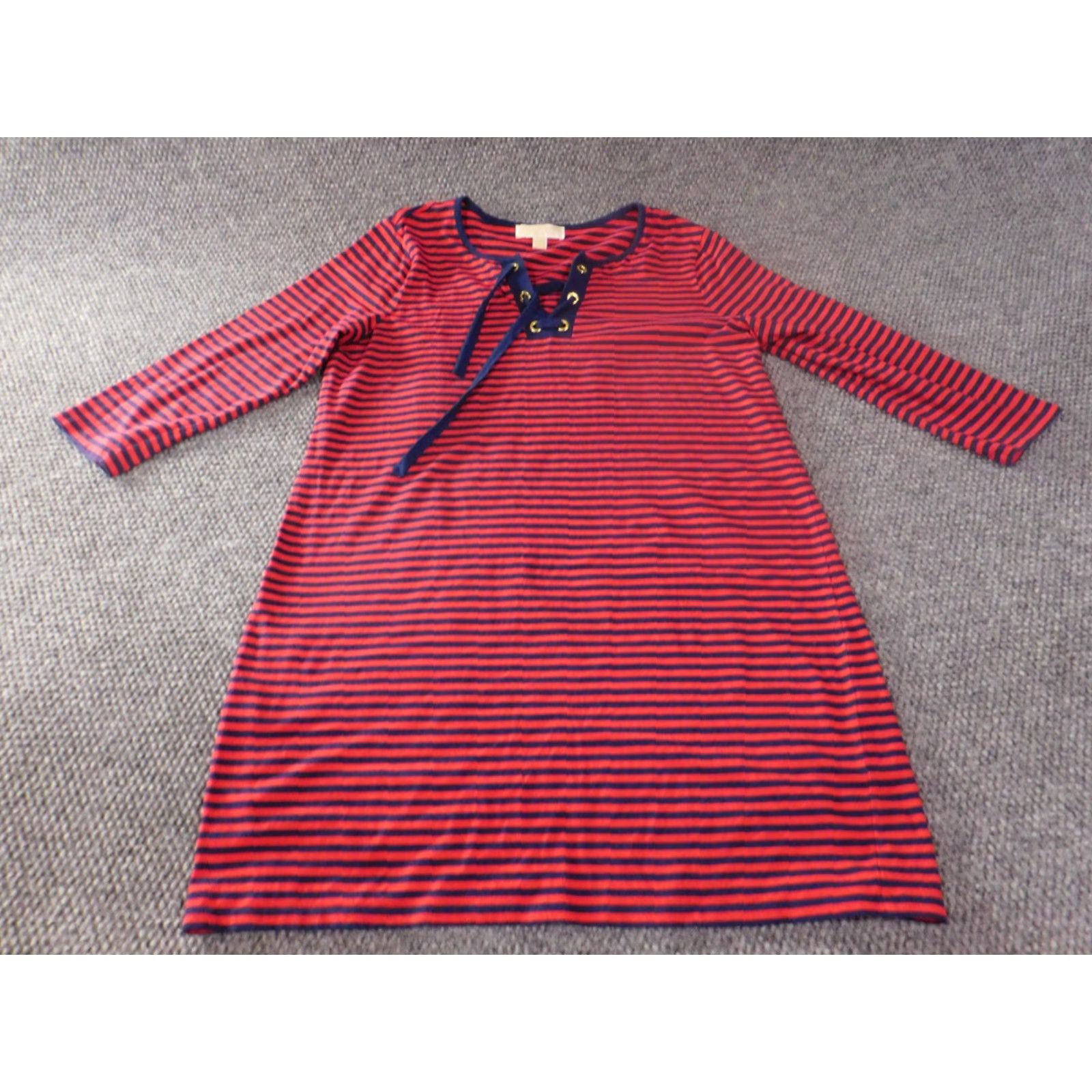 Michael Kors Michael Kors Dress Large Red Striped Womens Knit A-Line Knee Length Casual Round Neck Long Sleeve Pullover Cotton Viscose Stretch Size L / US 10 / IT 46 - 2 Thumbnail