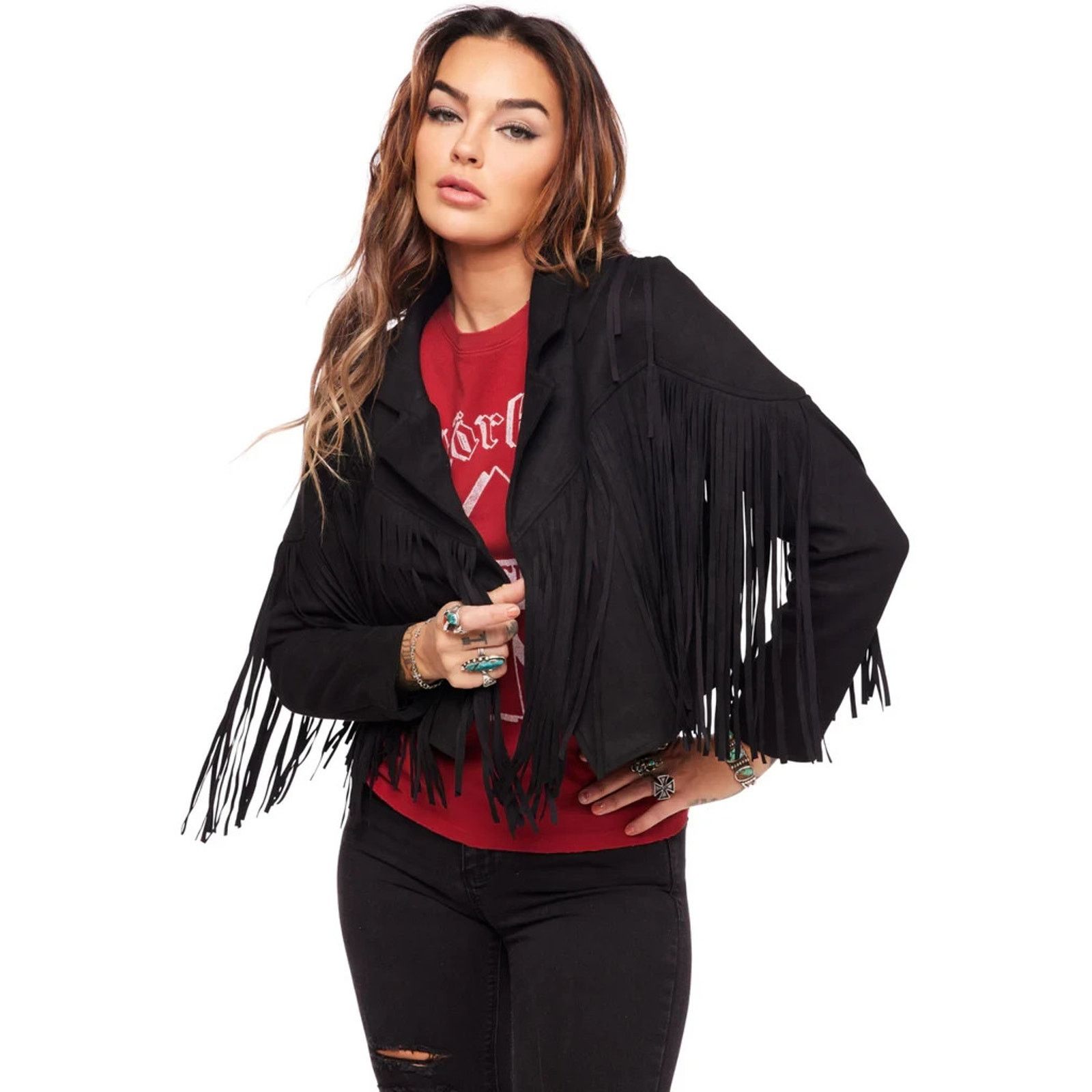 Other BLACK FAUX SUEDE FRINGED CROPPED WESTERN COWBOY MOTO JACKET Size M / US 6-8 / IT 42-44 - 9 Thumbnail