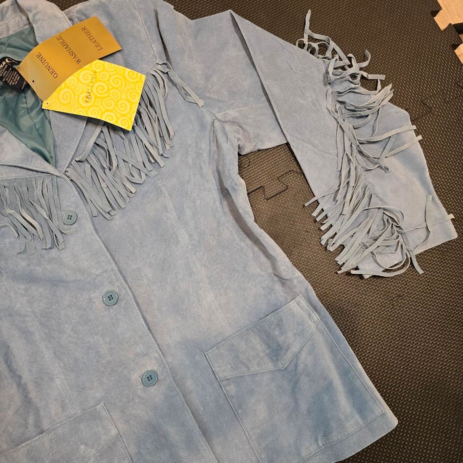 Denim & Co. Vintage 2002 NWT 100% Leather baby blue flange jacket Size L / US 10 / IT 46 - 3 Thumbnail