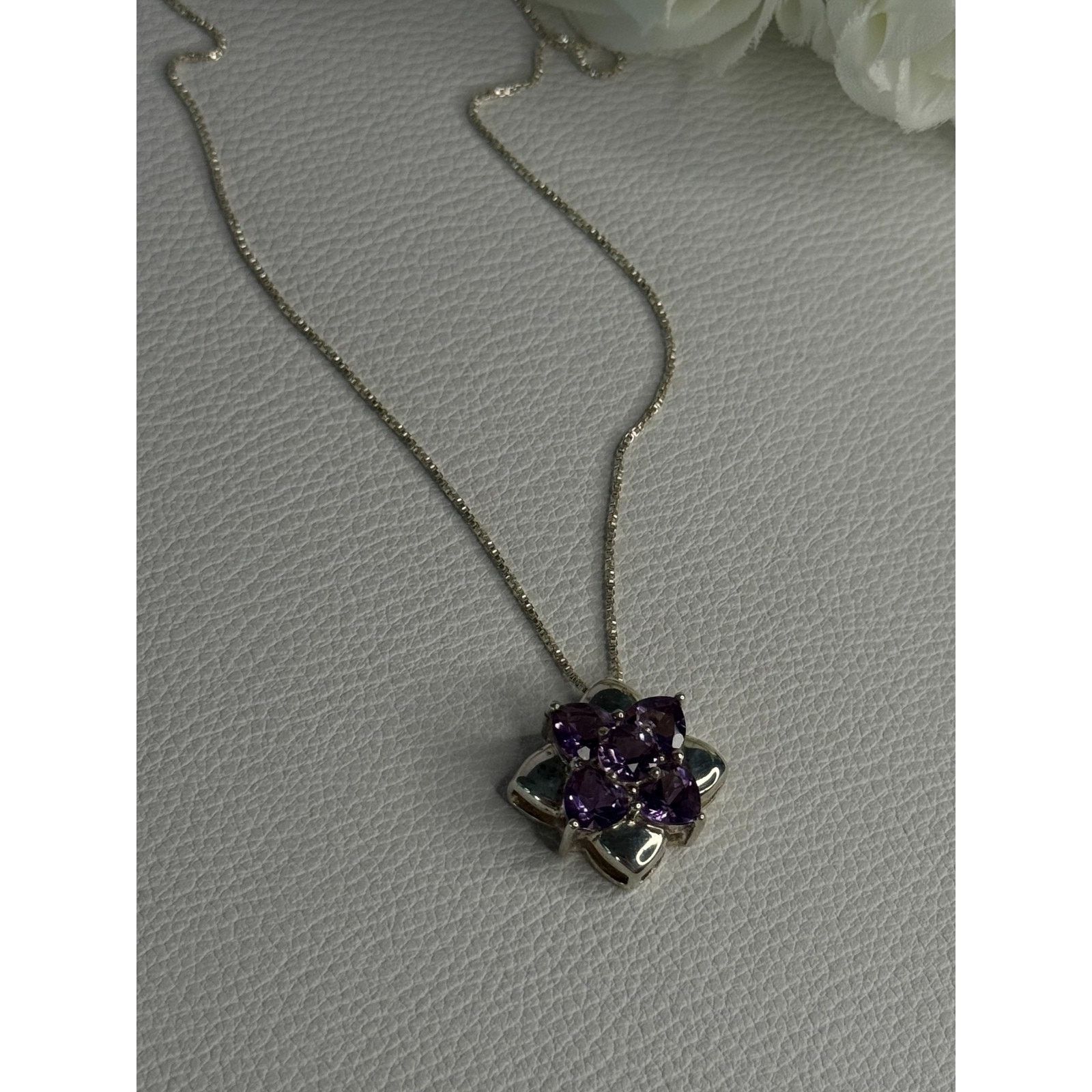 Jewelry 925 STERLING SILVER AMETHYST FLOWER NECKLACE LENGTH 20 INCH Size ONE SIZE - 6 Thumbnail