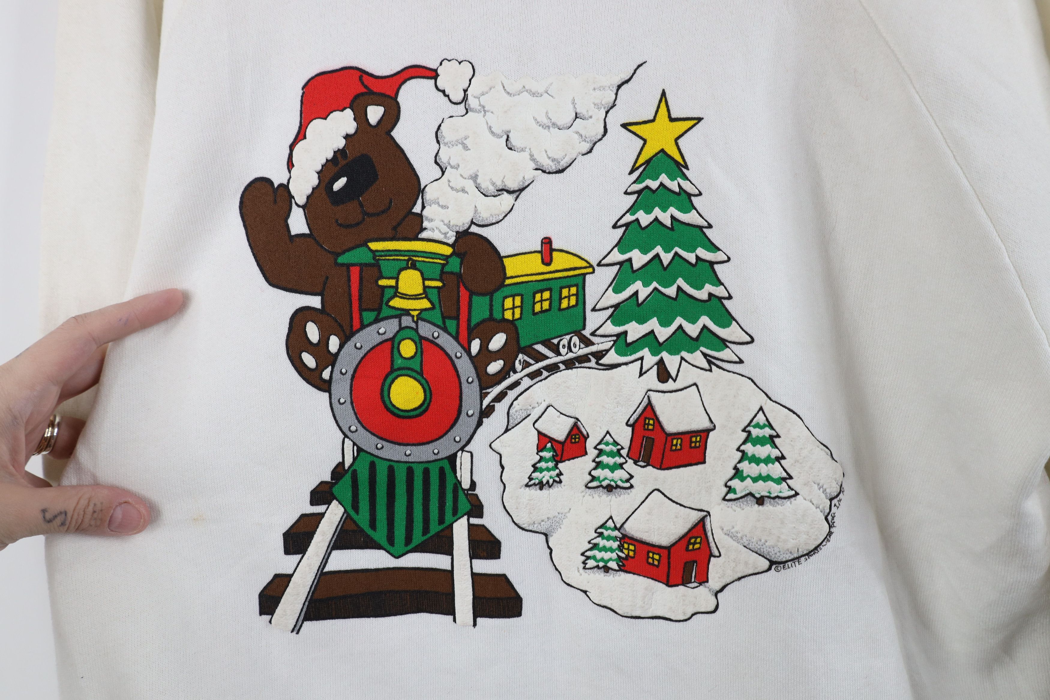 Fruit Of The Loom Deadstock Vintage 80s Christmas Bear Train Sweatshirt USA Size L / US 10 / IT 46 - 7 Thumbnail