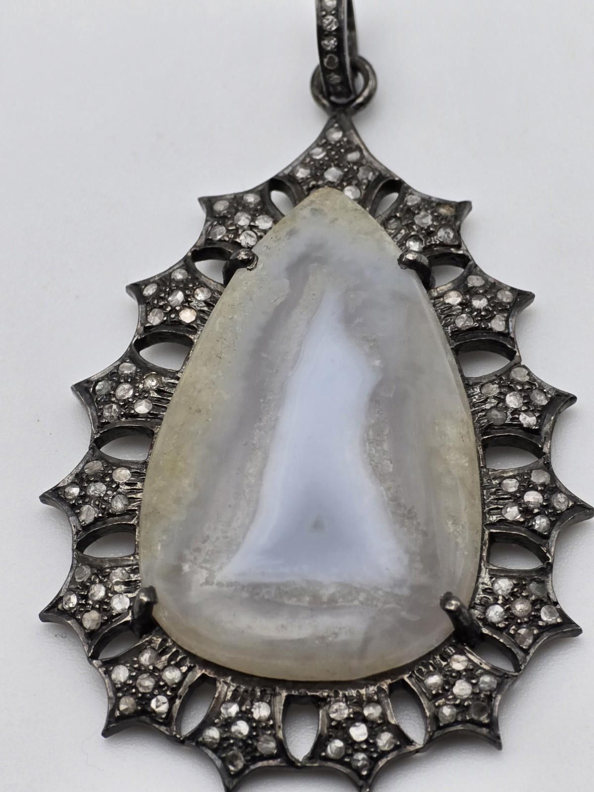 The Unbranded Brand Oxidized Sterling Silver Banded Agate Pendant w Diamonds Size ONE SIZE - 2 Thumbnail