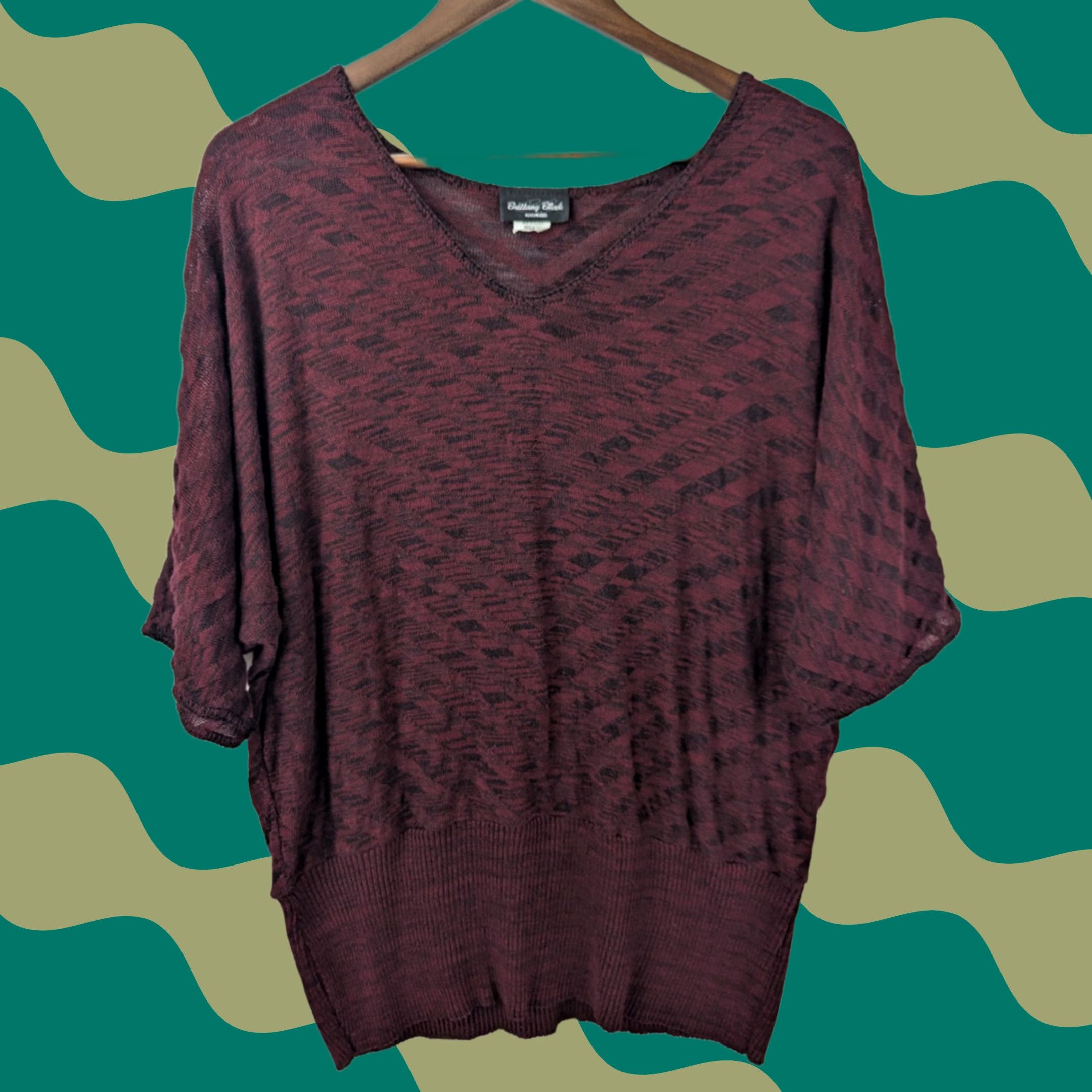 Vintage Brittany Black Top Dolman Sleeve V-Neck 3X Acrylic Knit Dark Maroon Pullover Casual Womens Plus Size Size XXL / US 16-18 / IT 52-54 - 1 Thumbnail