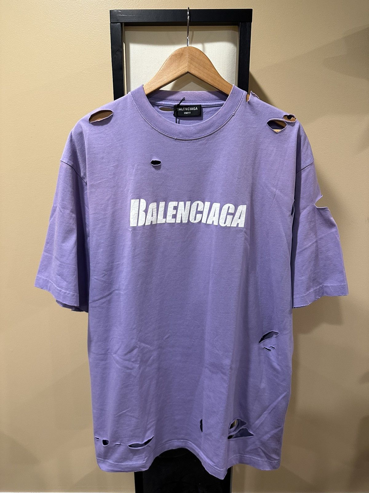 image of Balenciaga Purple Destroy Logo Print Ditressed T-Shirt, Men's (Size Small)