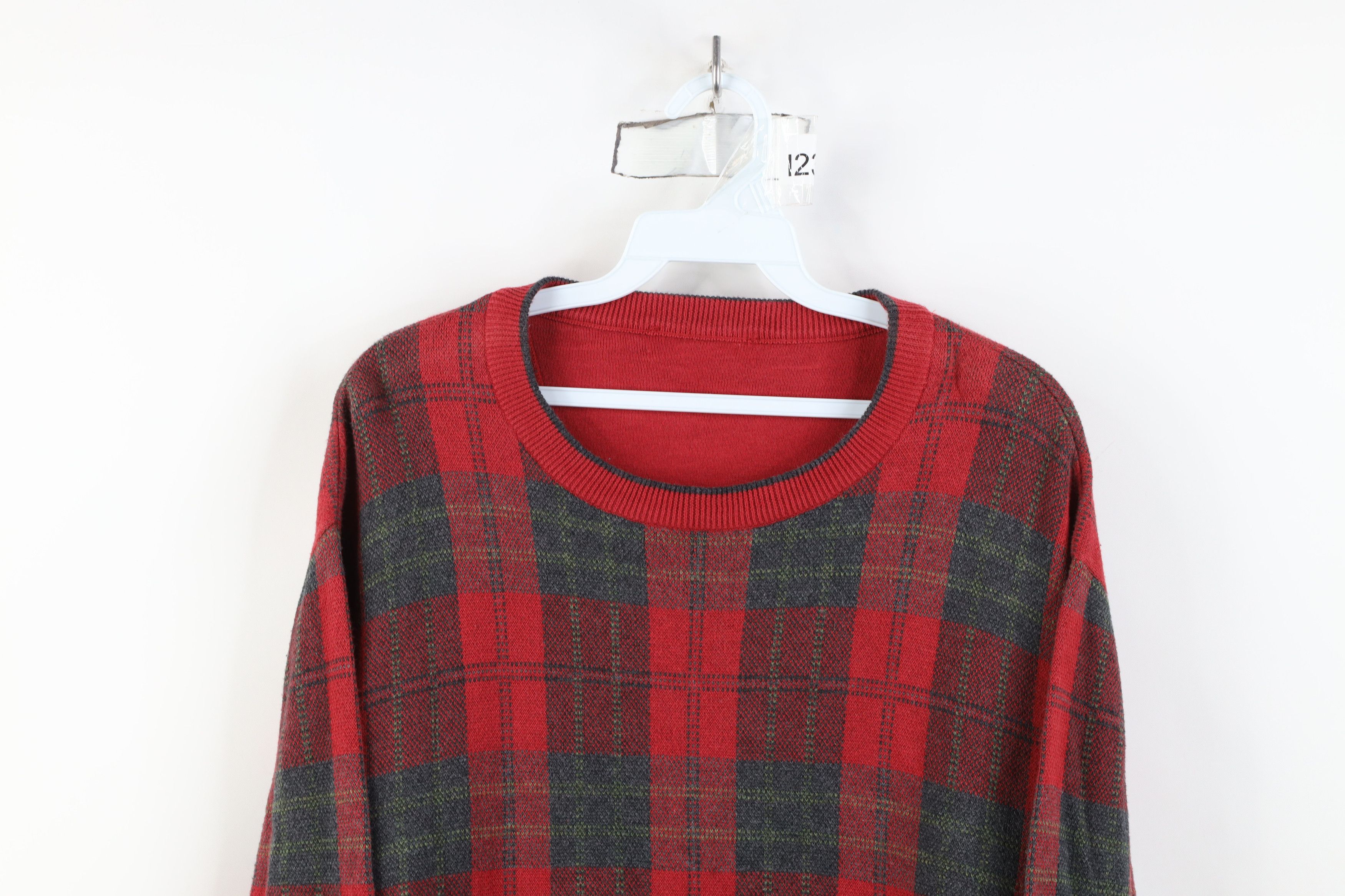 Vintage Vintage 90s Streetwear Faded Knit Crewneck Sweater Red Plaid Size US XL / EU 56 / 4 - 2 Thumbnail