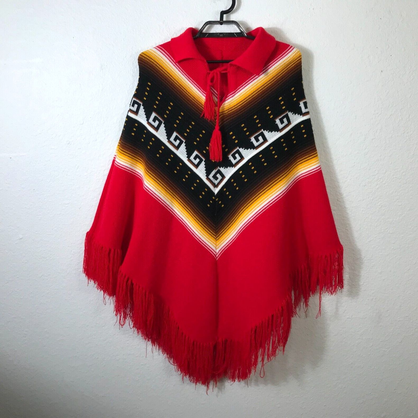 image of Vintage 70's Sweater Womens Size Small Red Poncho Boho Fringe Southwest Style in White