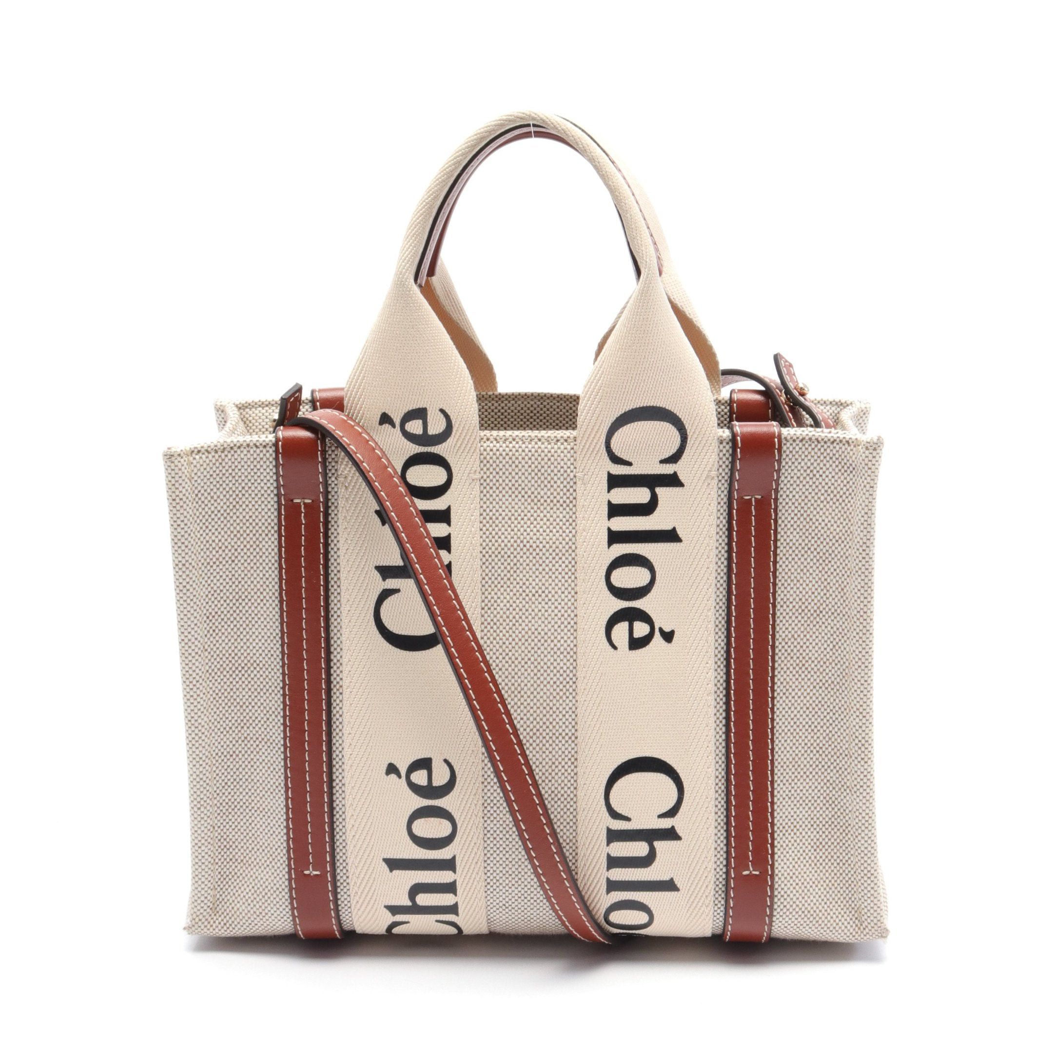image of Chloe Woody Woody Mini Handbag Canvas Leather Ivory Brown 2Way, Women's
