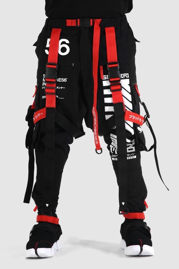 image of Avant Garde Machine56 Sl1 / Rd_Frame-3 Techwear Cargo Pants Ds in Black Red White, Men's (Size 38)