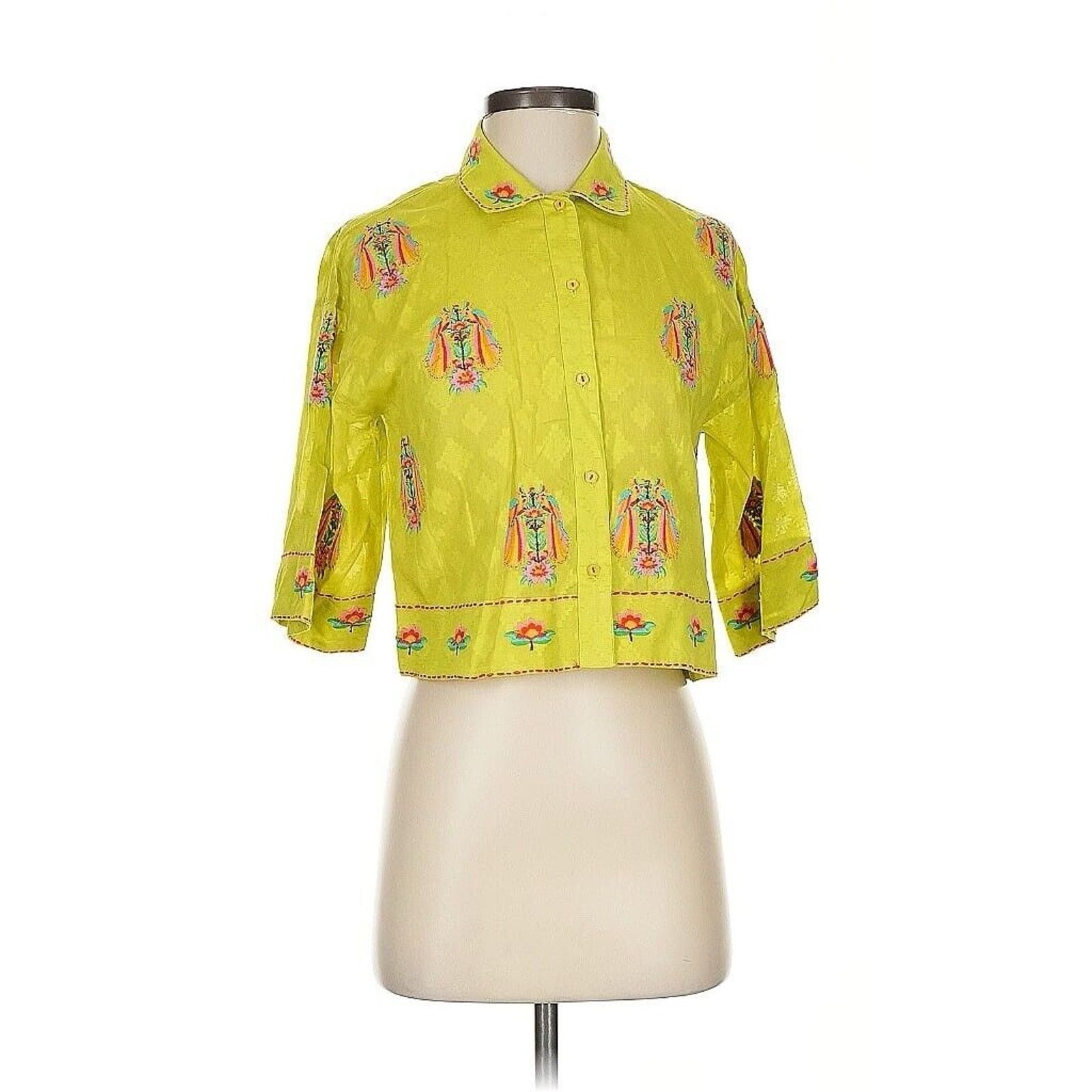 Anthropologie nimo With love Embroidered Bug Beetle Cropped Button Down Size XXS / US 00 / IT 34 - 2 Thumbnail