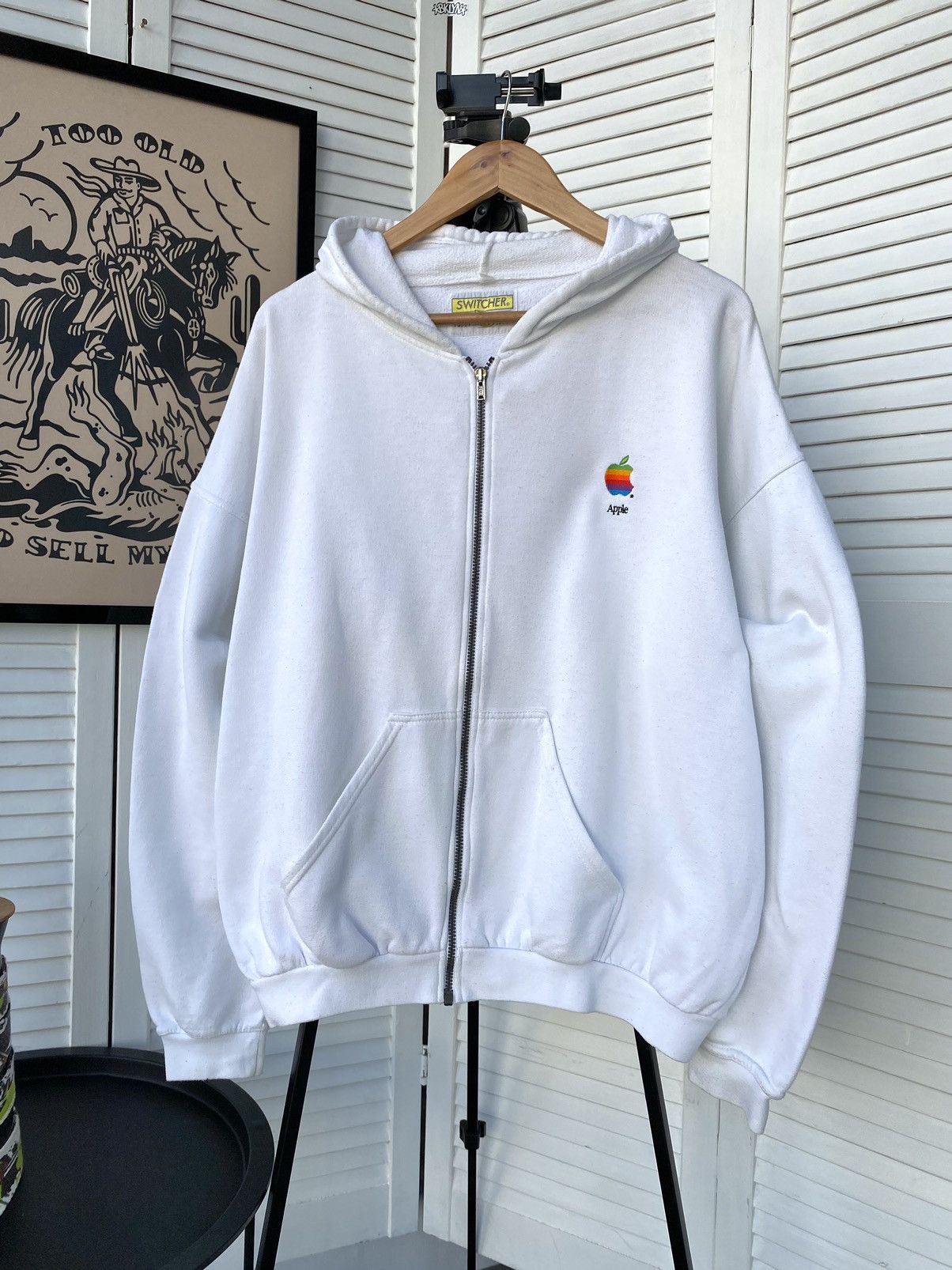 Image of 90's Apple Macintosh Rainbow Logo Baggy Zip Hoodie in White, Men's (Size XL)