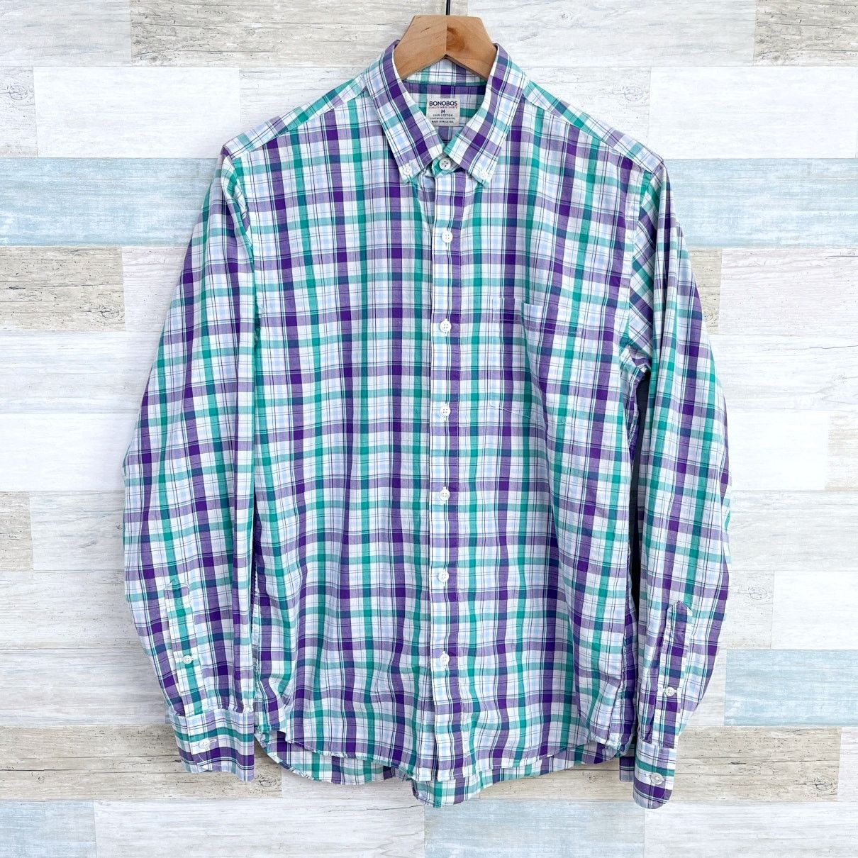 Bonobos Bonobos Long Sleeve Poplin Shirt Green Purple Plaid Mens M Size US M / EU 48-50 / 2 - 1 Thumbnail