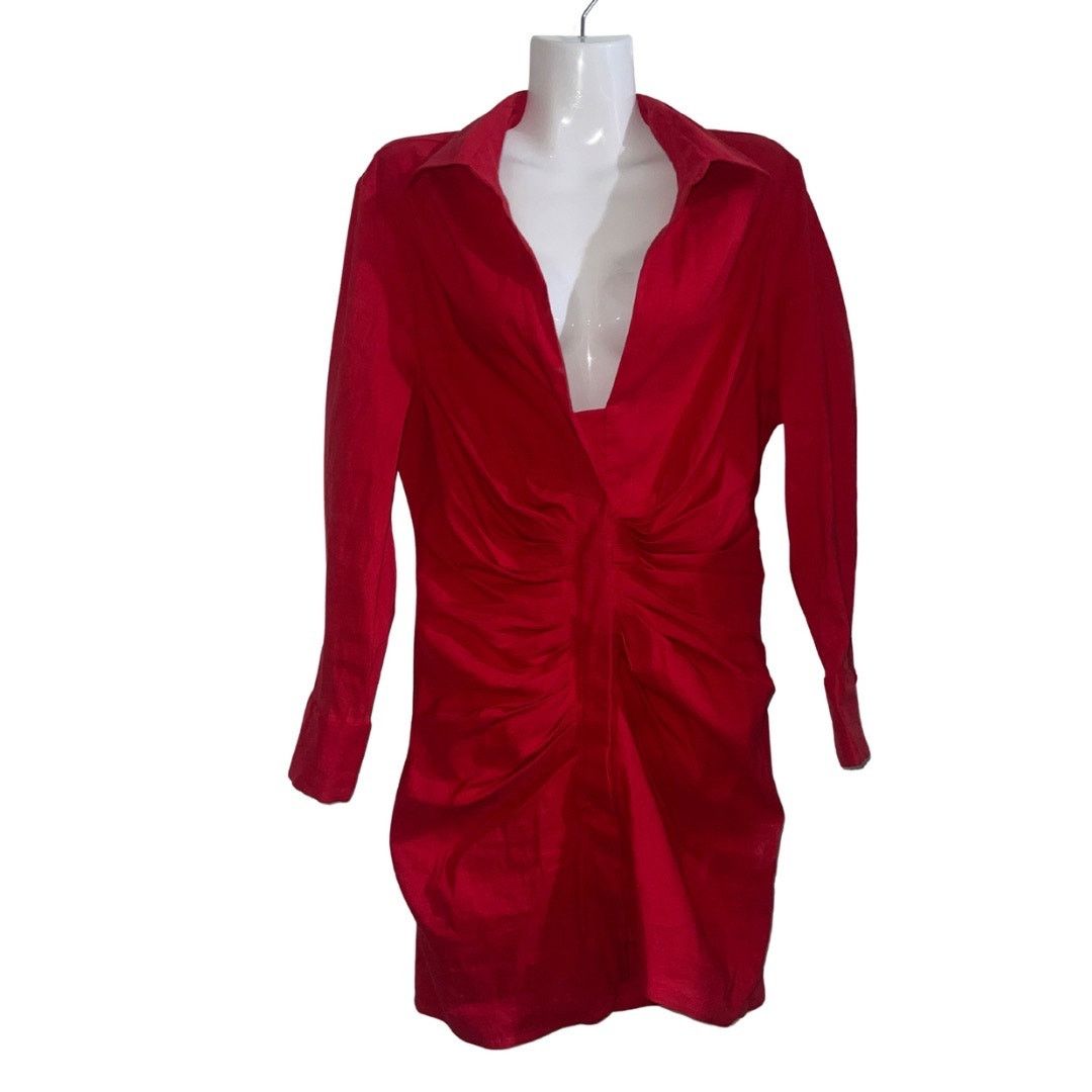 Zara Red Draped Mini Dress Collar Long Sleeves Front Ruched Size M / US 6-8 / IT 42-44 - 3 Thumbnail